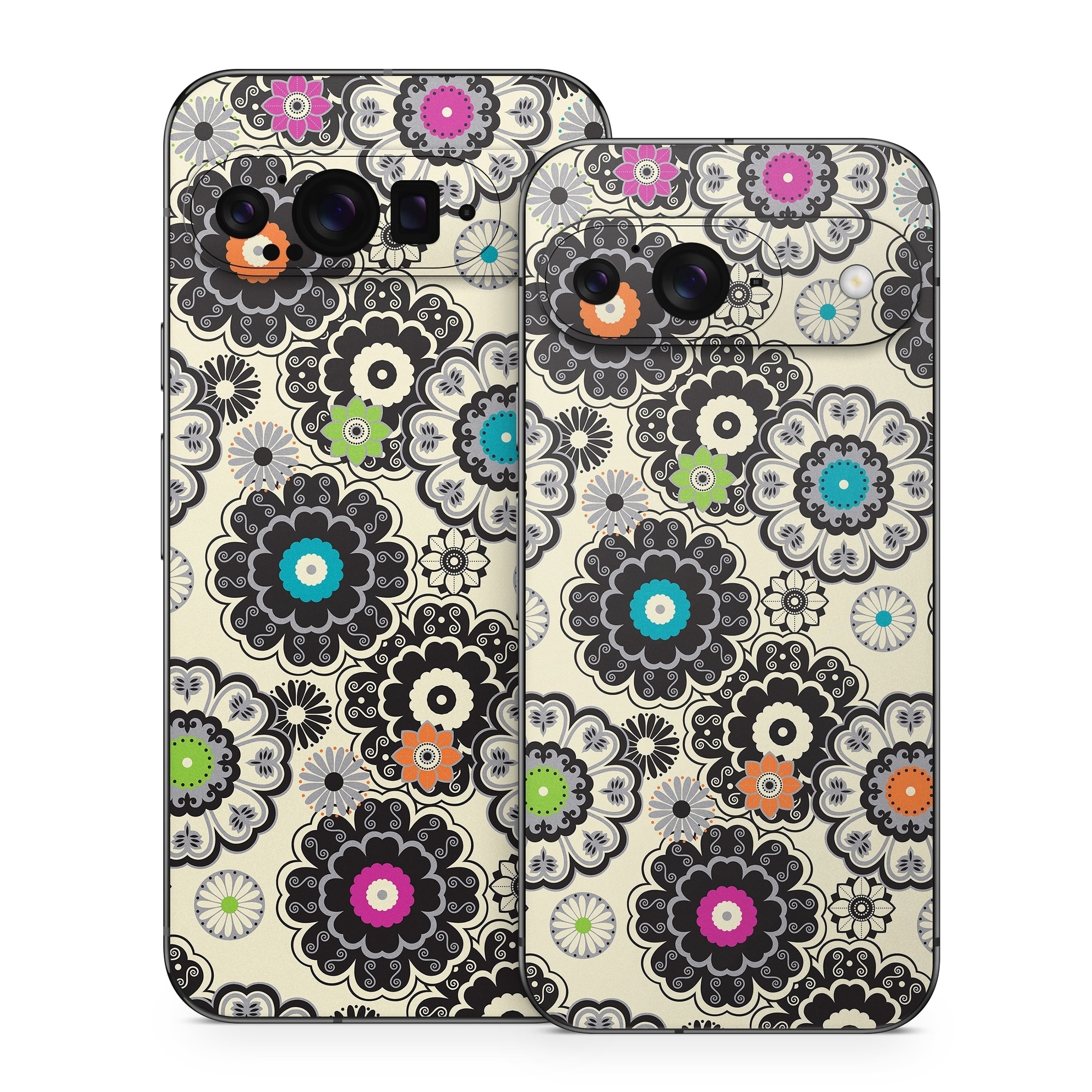 Google Pixel 9 Series Skin design of Pattern, Circle, Design, Visual arts, Floral design, Textile, Psychedelic art, Art, Plant, with gray, black, pink, green, purple colors