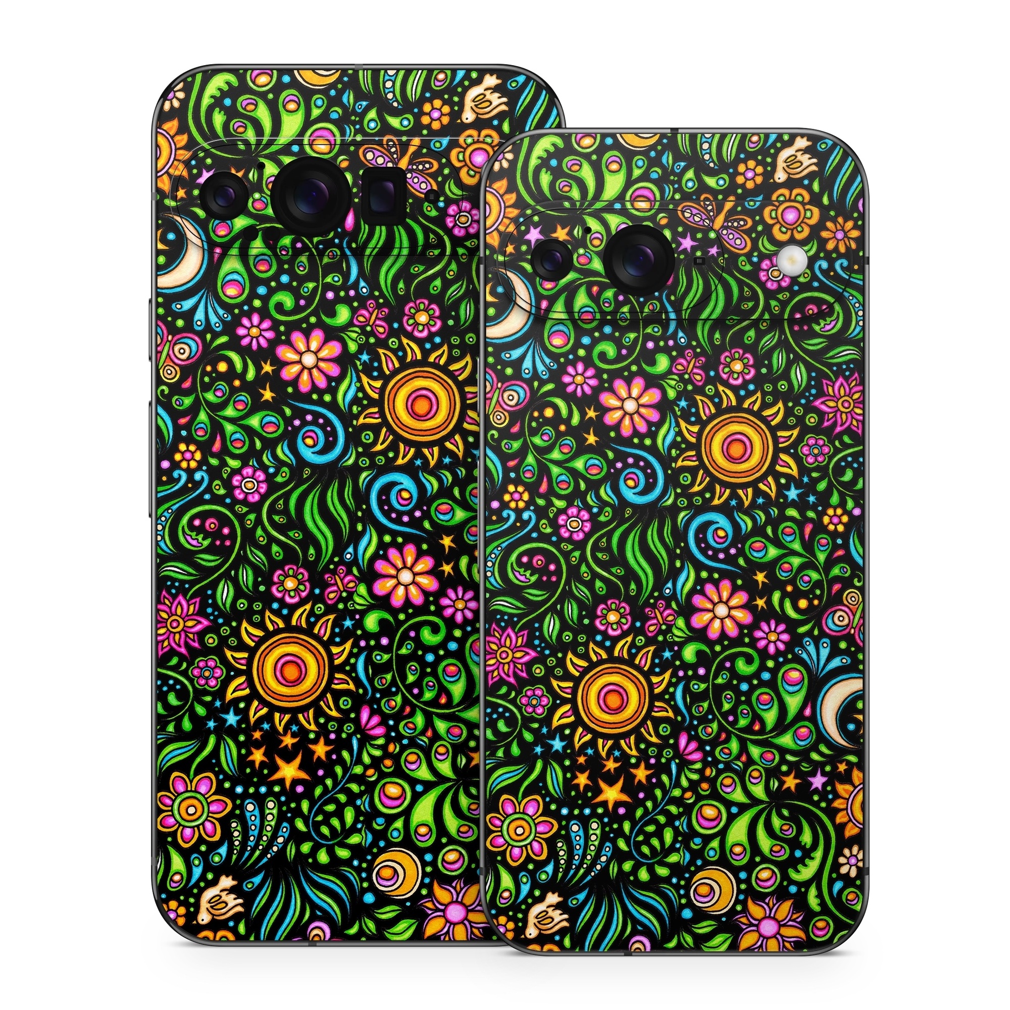 Google Pixel 9 Series Skin design of Pattern, Psychedelic art, Visual arts, Art, Design, Motif, Organism, Circle, Textile, Plant, with black, red, green, blue, purple colors