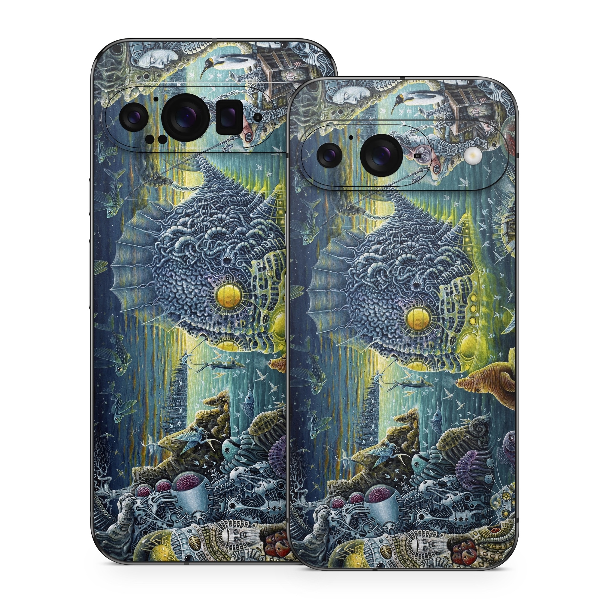 Google Pixel 9 Series Skin design of Organism, Water, Illustration, Art, Painting, Cg artwork, Fiction, Fictional character, Marine biology, Mythology, with black, gray, blue, green colors
