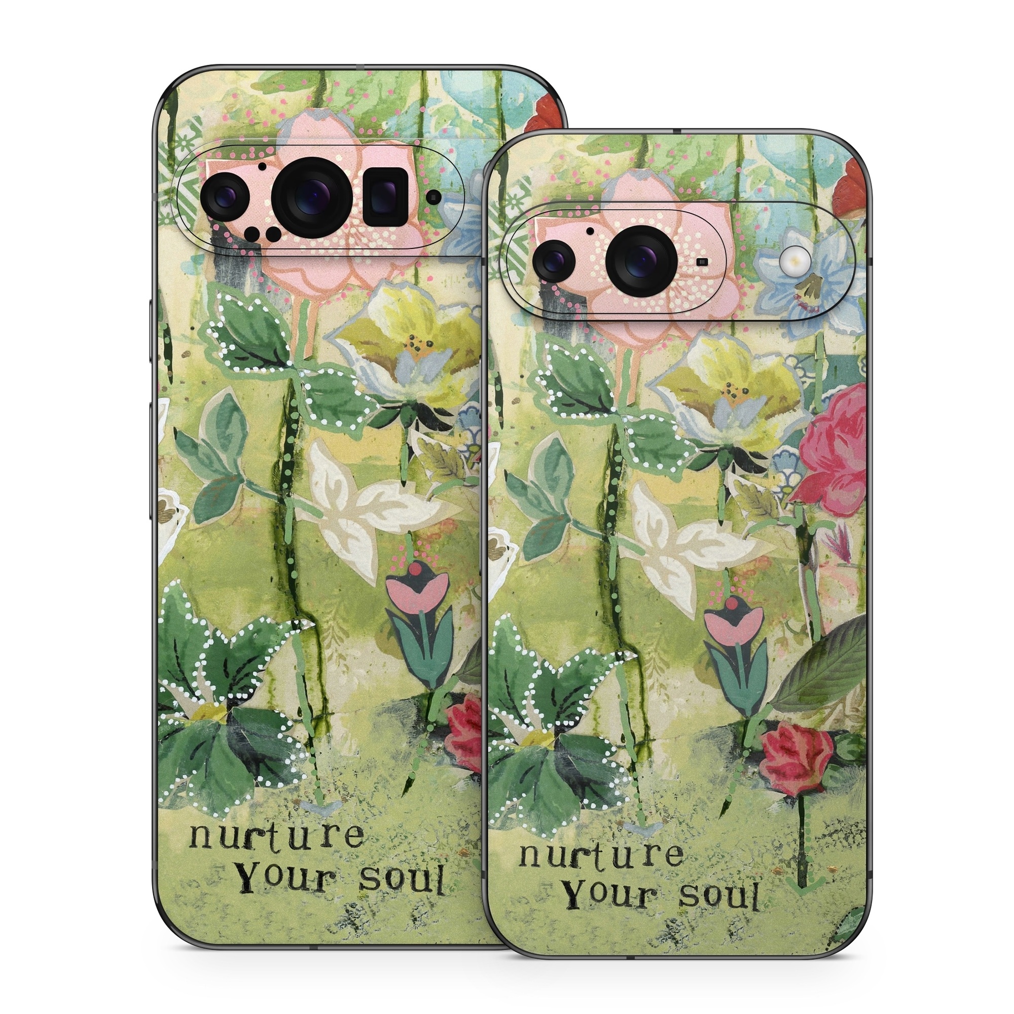 Google Pixel 9 Series Skin design of Flower, Plant, Botany, Pink, Wildflower, Flowering plant, Watercolor paint, Petal, Floral design, Pattern, with green, pink, red, blue, white, black colors