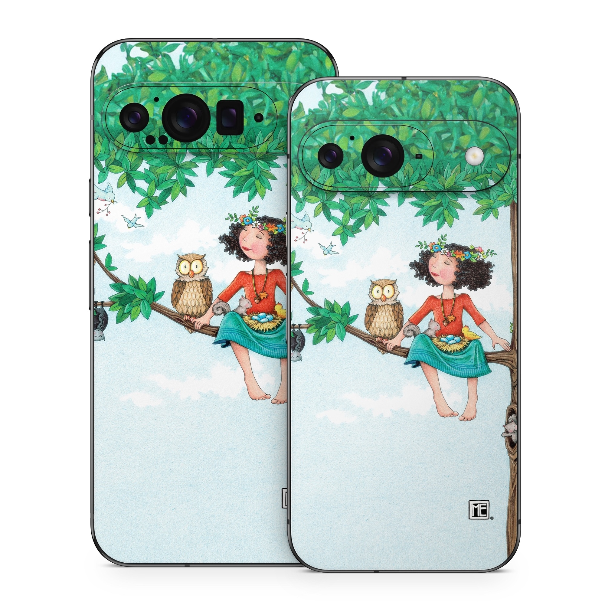 Google Pixel 9 Series Skin design of Cartoon, Illustration, Branch, Bird, Owl, Tree, Art, Plant, Clip art, Fictional character, with blue, gray, red, black, white, green colors