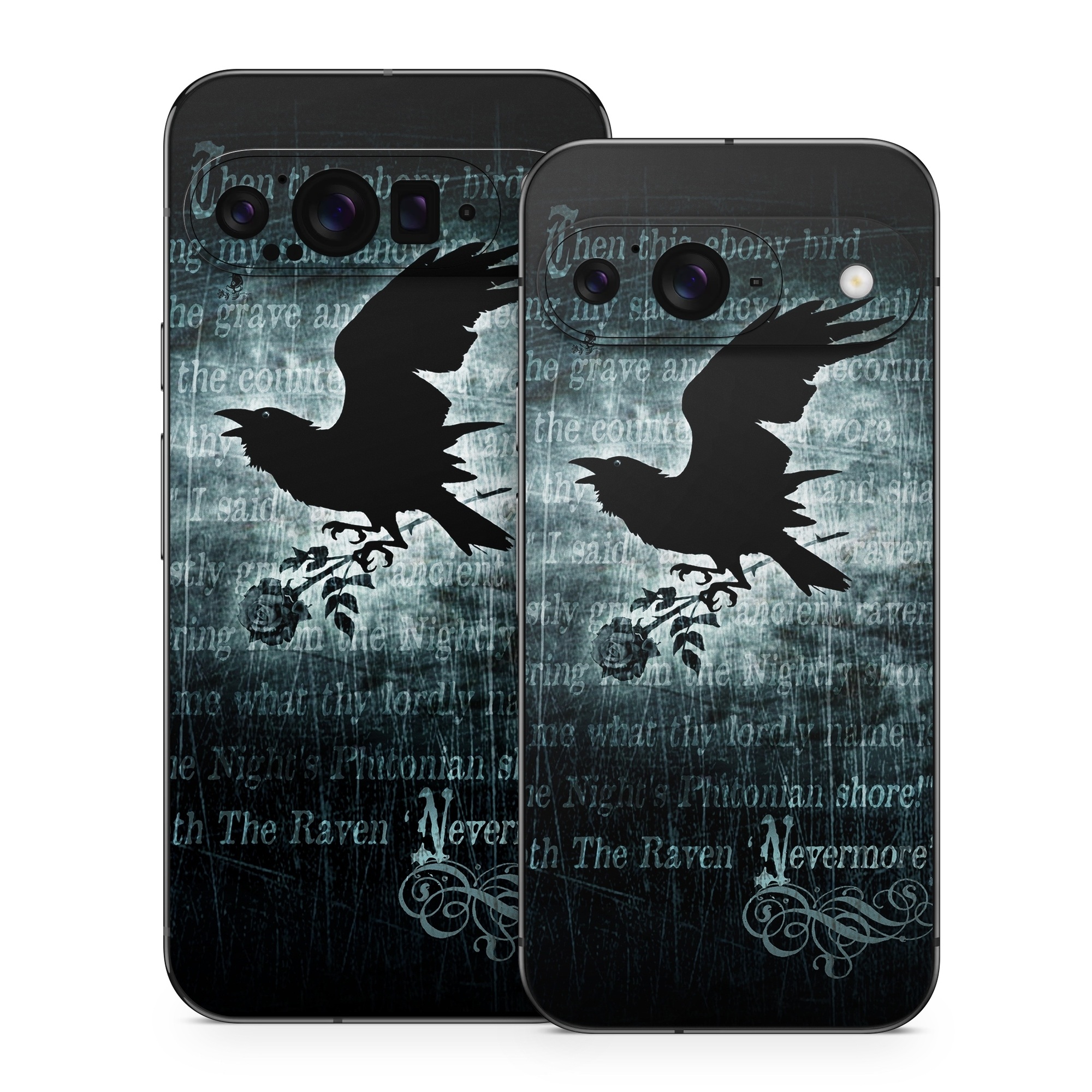 Google Pixel 9 Series Skin design of Bird, Text, Wing, Graphic design, Darkness, Font, Illustration, Graphics, with black, white, blue colors