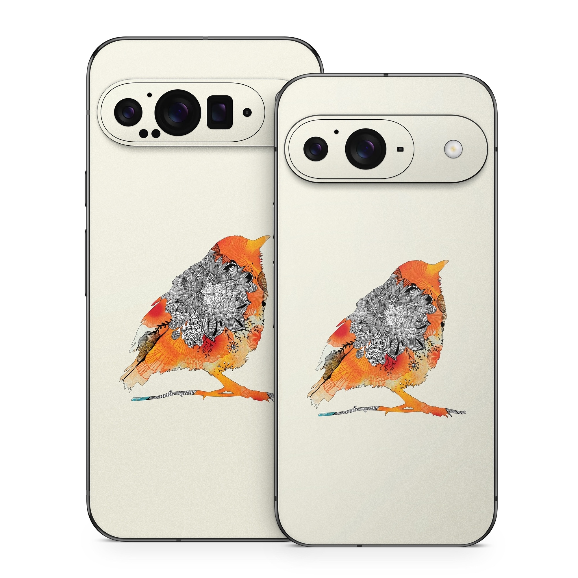 Google Pixel 9 Series Skin design of European robin, Orange, Bird, Illustration, Old World flycatcher, Drawing, Songbird, Perching bird, robin, Sketch, with gray, yellow, green, red, black colors