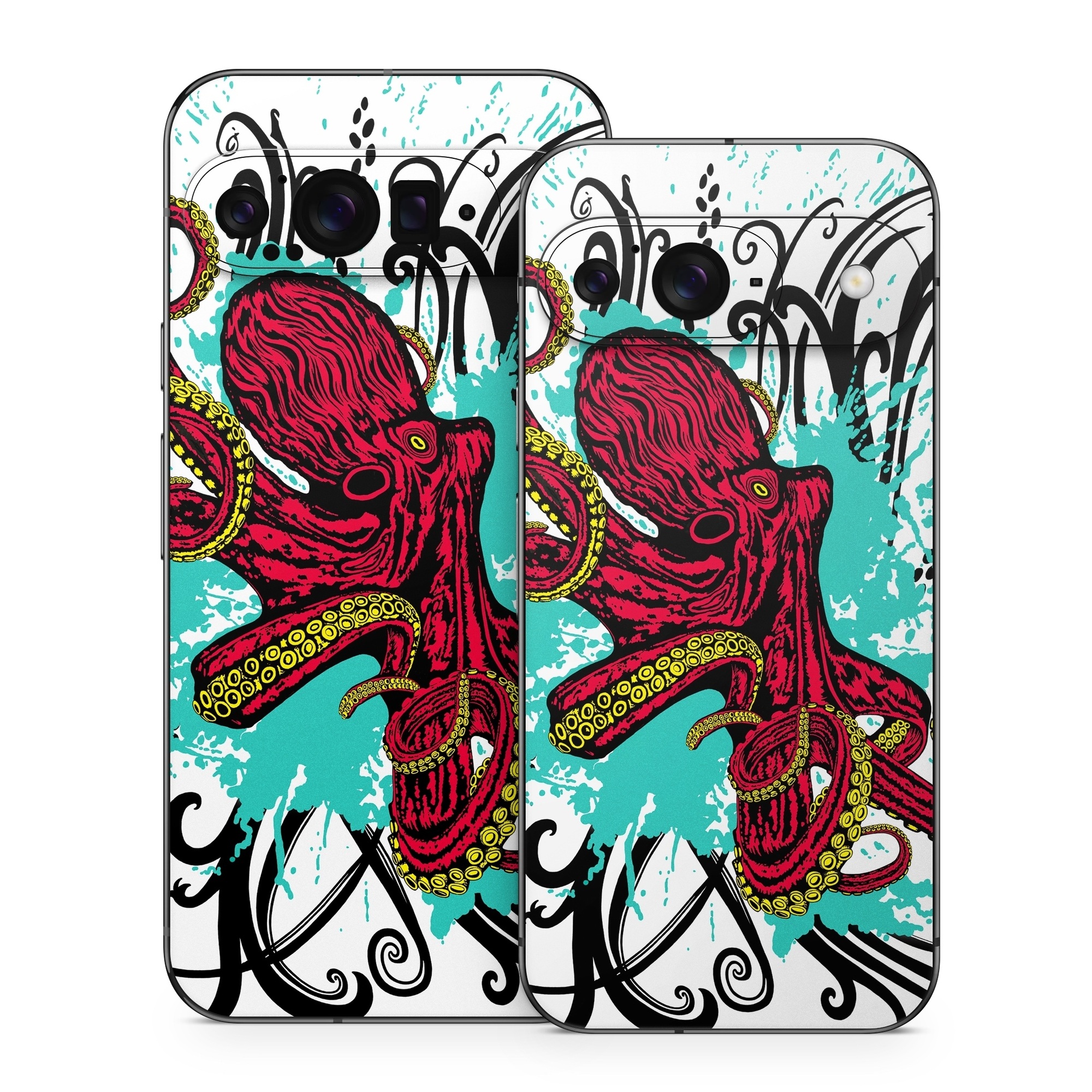 Google Pixel 9 Series Skin design of Graphic design, Illustration, Visual arts, Octopus, Design, Art, Fictional character, Pattern, Clip art, Line art, with black, white, gray, red, blue, green colors
