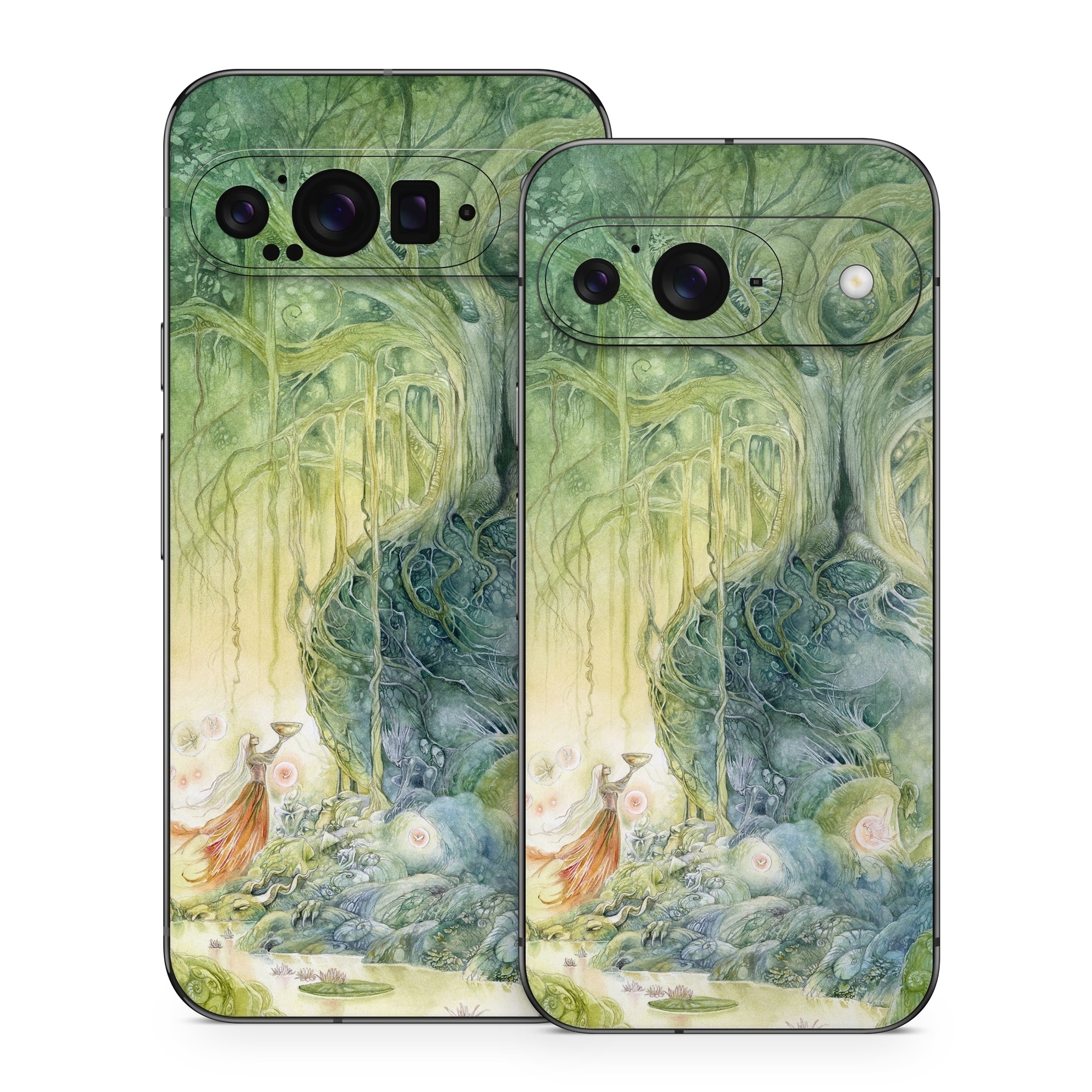 Google Pixel 9 Series Skin design of Green, Watercolor paint, Painting, Water, Art, Illustration, Grass, Tree, Plant, Fictional character, with blue, green, red, yellow colors