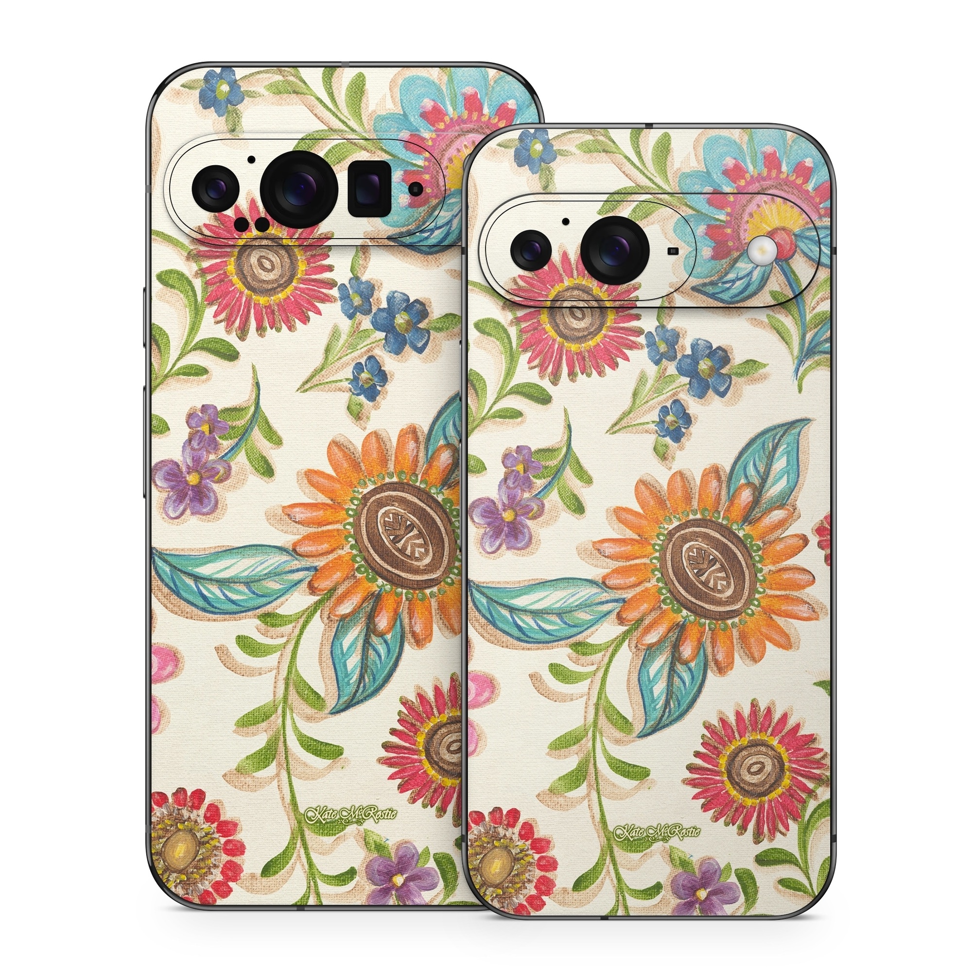 Google Pixel 9 Series Skin design of Pattern, Floral design, Flower, Botany, Design, Visual arts, Textile, Plant, Wildflower, Pedicel, with gray, green, pink, yellow, red, blue colors