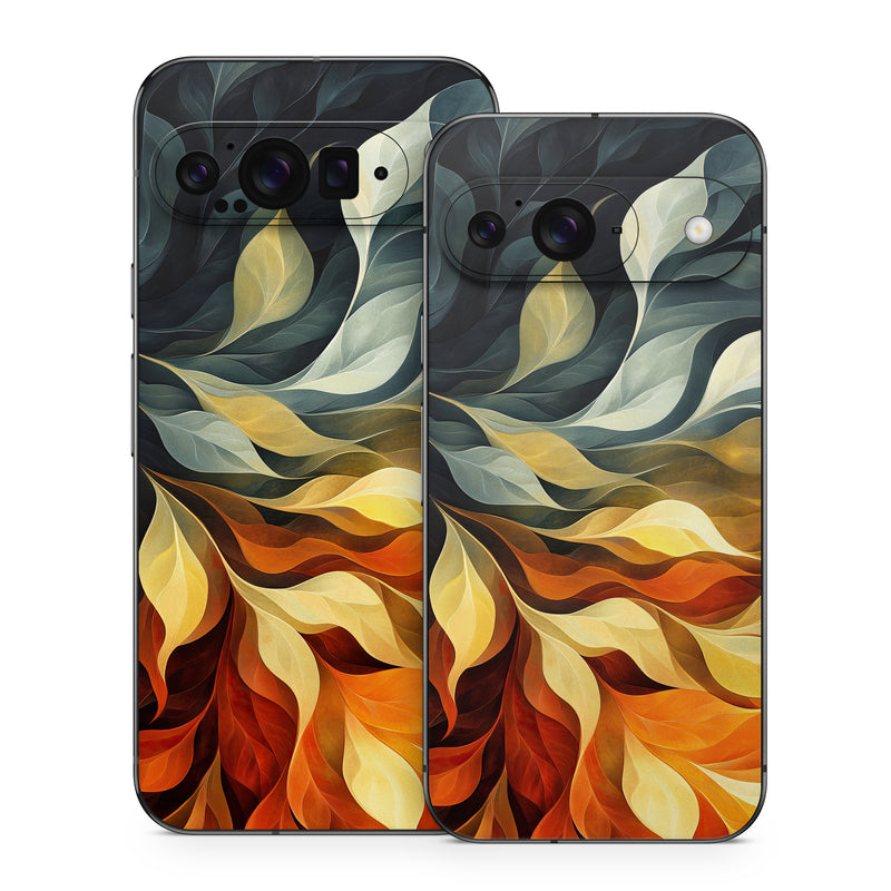 Google Pixel 9 Series Skin design of Yellow, Orange, Art, Brown, Visual arts, Modern art, Design, Graphics, Fractal art, Paint, with red, orange, yellow, white, black, gray colors