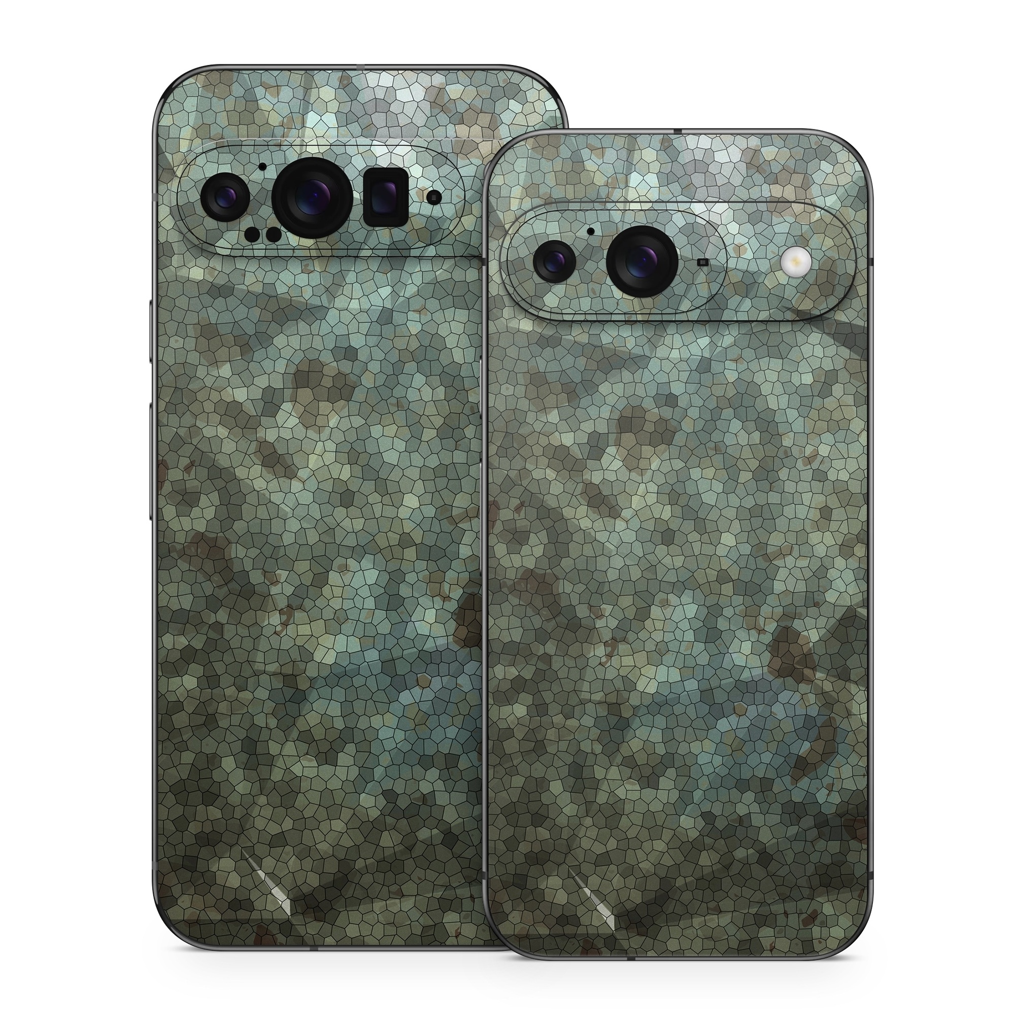 Google Pixel 9 Series Skin design of Green, Pattern, Brown, Wall, Design, Rock, Geology, Camouflage, Granite, Metal, with black, brown, blue, gray, white colors