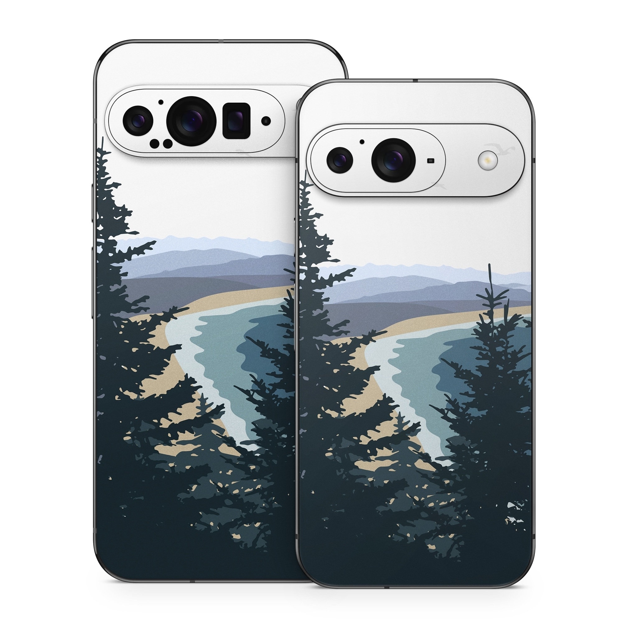Google Pixel 9 Series Skin design of Sky, Plant, Mountain, Natural landscape, Branch, Larch, Tree, Highland, Atmospheric phenomenon, Evergreen, with white, blue, yellow, gray, black, green colors