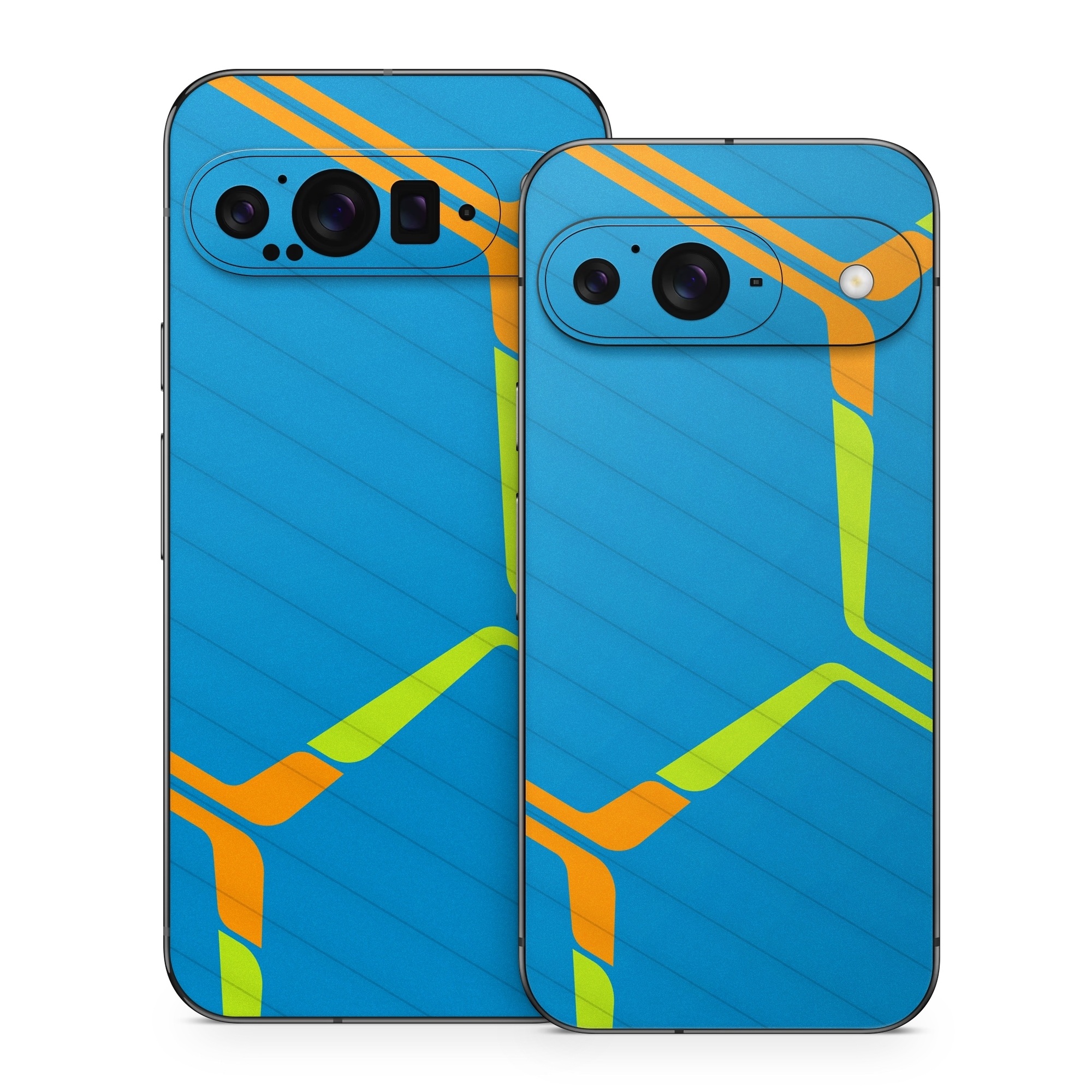 Google Pixel 9 Series Skin design of Azure, Triangle, Rectangle, Parallel, Electric blue, Symmetry, Font, Pattern, Circle, Sky, with blue, orange, green colors