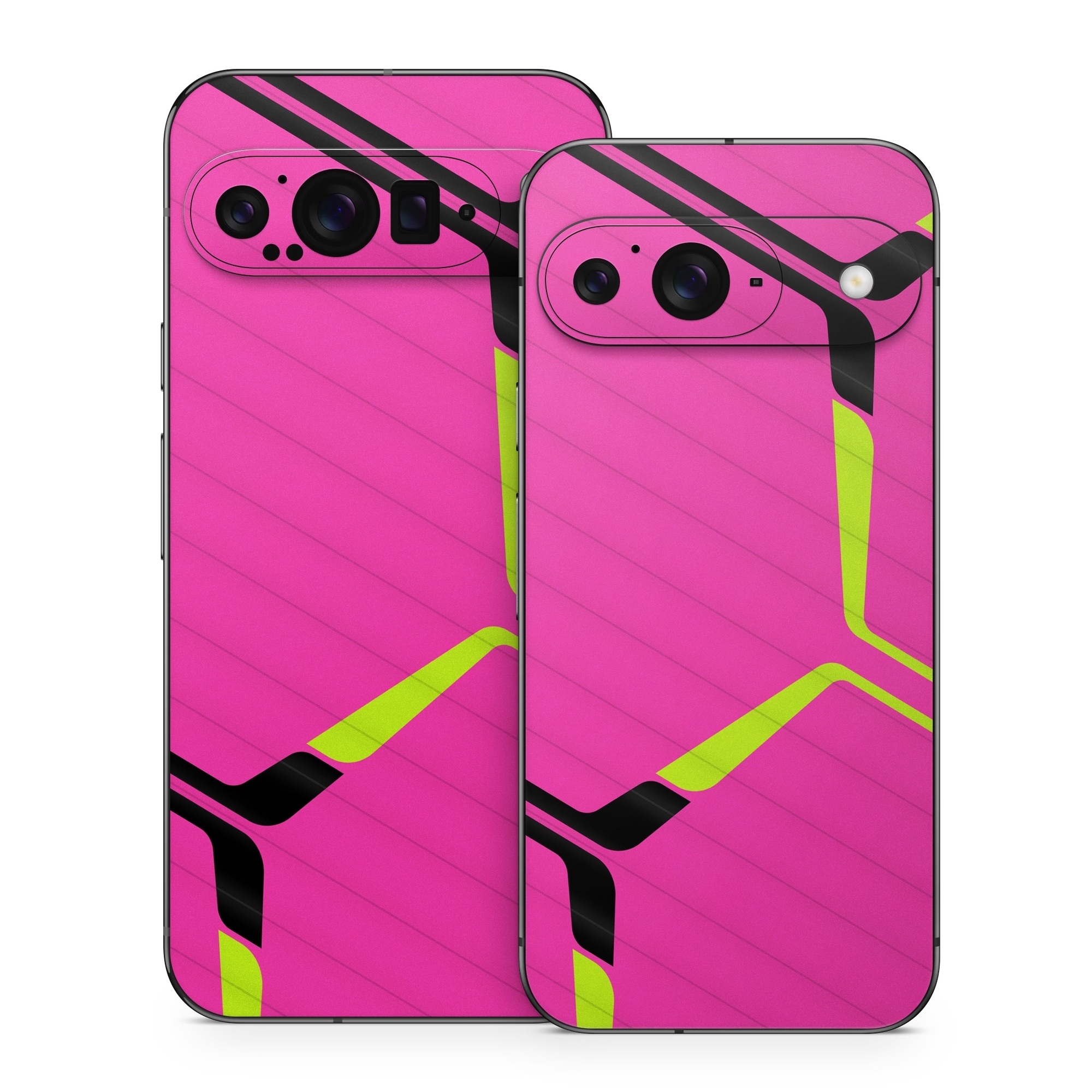 Google Pixel 9 Series Skin design of Purple, Textile, Sleeve, Jersey, Violet, Triangle, Font, Magenta, Collar, Parallel, with pink, black, yellow colors