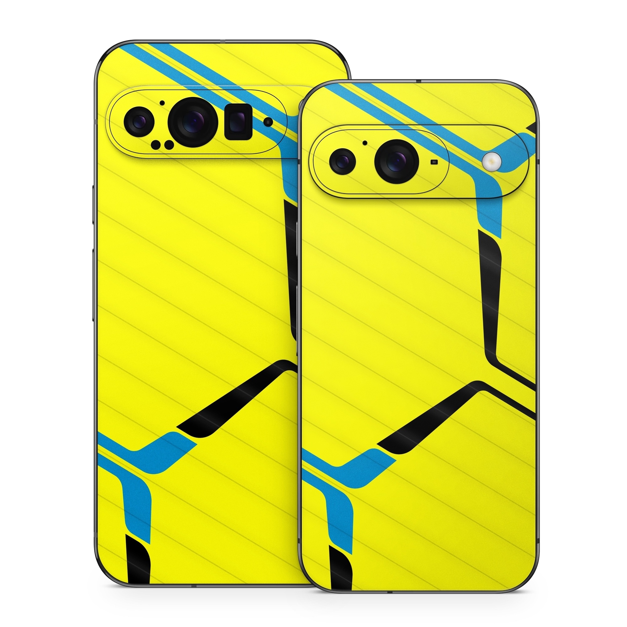 Google Pixel 9 Series Skin design of Azure, Triangle, Font, Parallel, Symmetry, Pattern, Electric blue, Symbol, Rectangle, Design, with yellow, blue colors