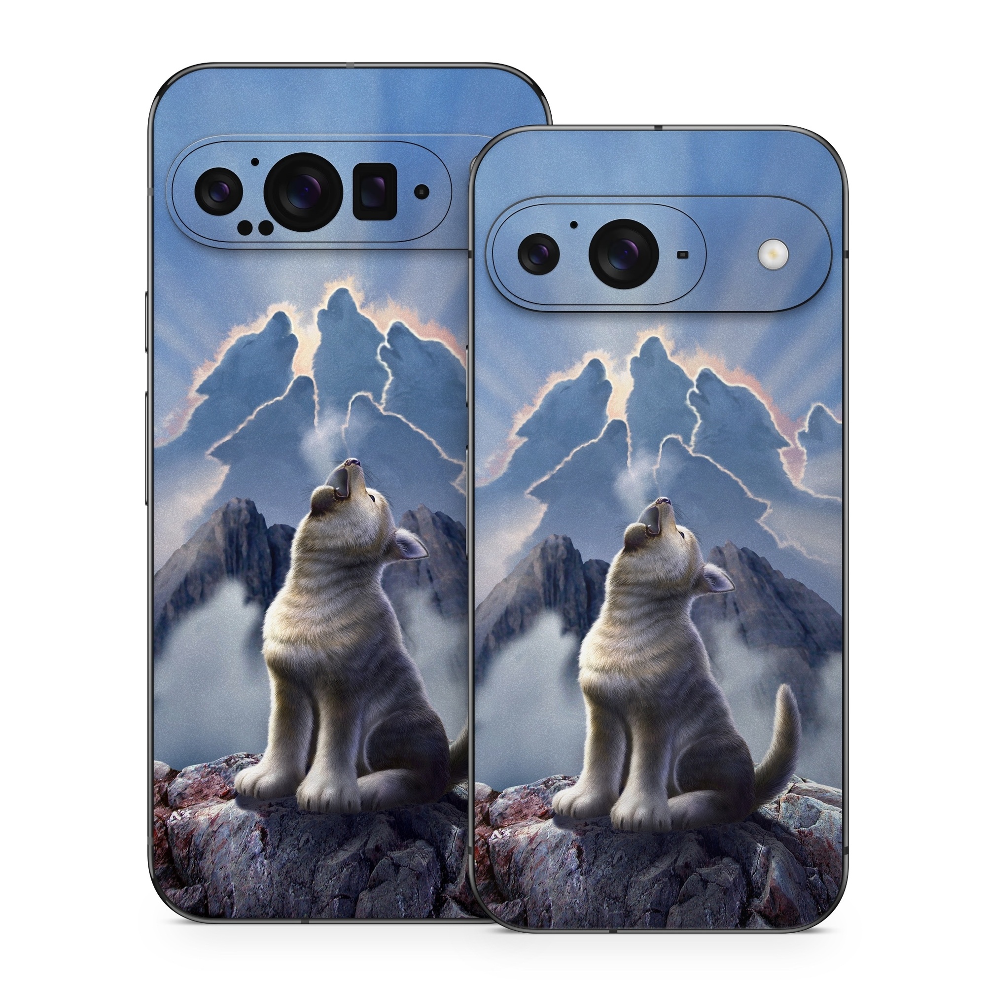 Google Pixel 9 Series Skin design of Sky, Cloud, Atmosphere, Rock, Wolf, Photography, Cg artwork, Illustration, Mountain, Mythology, with white, blue, gray, brown colors