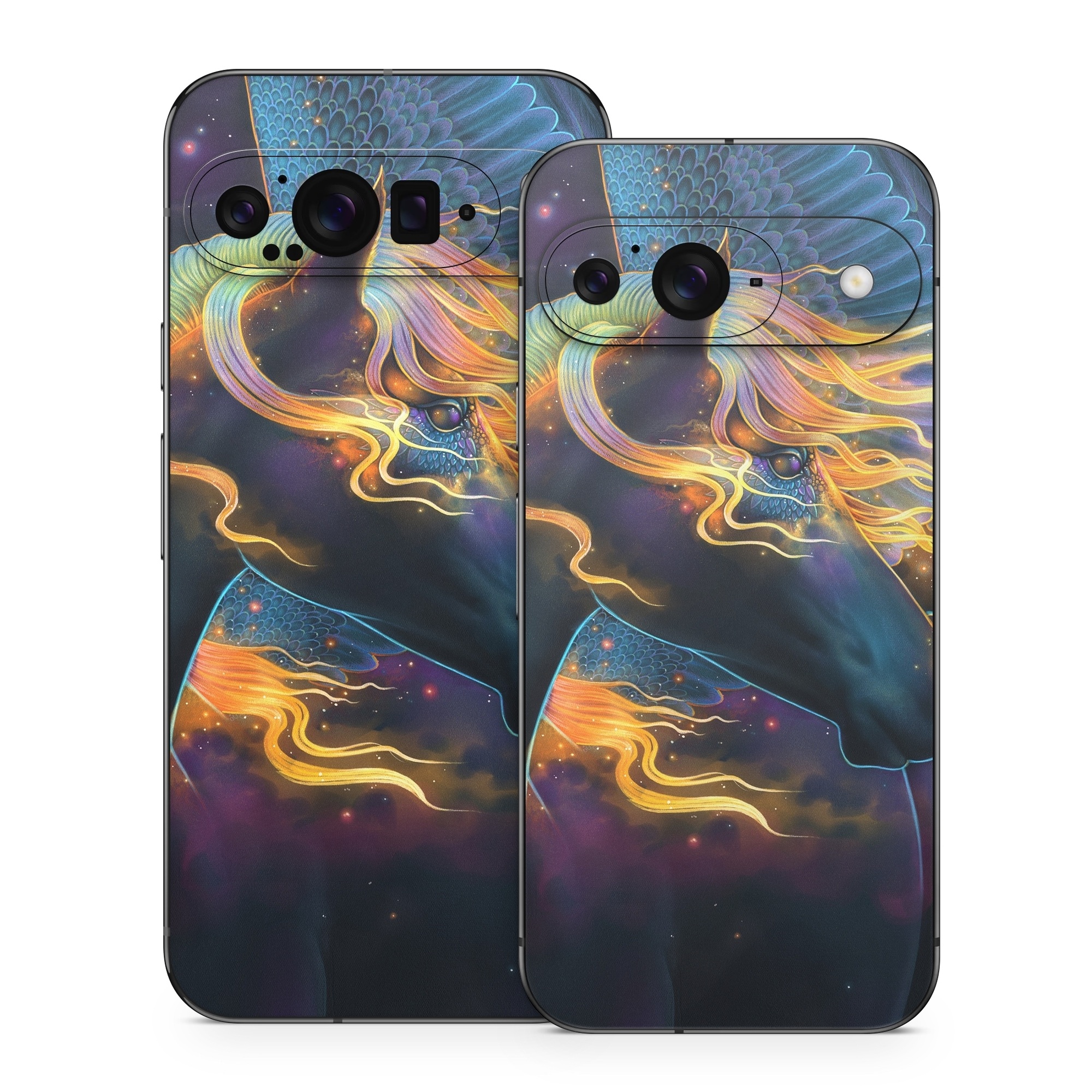 Google Pixel 9 Series Skin design of Organism, Astronomical object, Art, Electric blue, Space, Darkness, Liquid, Science, Graphics, Visual arts, with black, blue, yellow, white, orange, purple, red colors