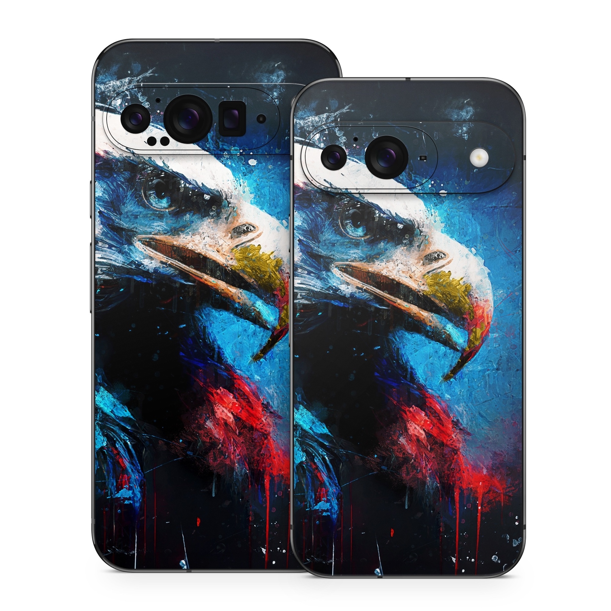 Google Pixel 9 Series Skin design of Bird, Beak, Organism, Art, Feather, Paint, Painting, Accipitridae, Bird of prey, Electric blue, with blue, red, white, black, gray, yellow colors