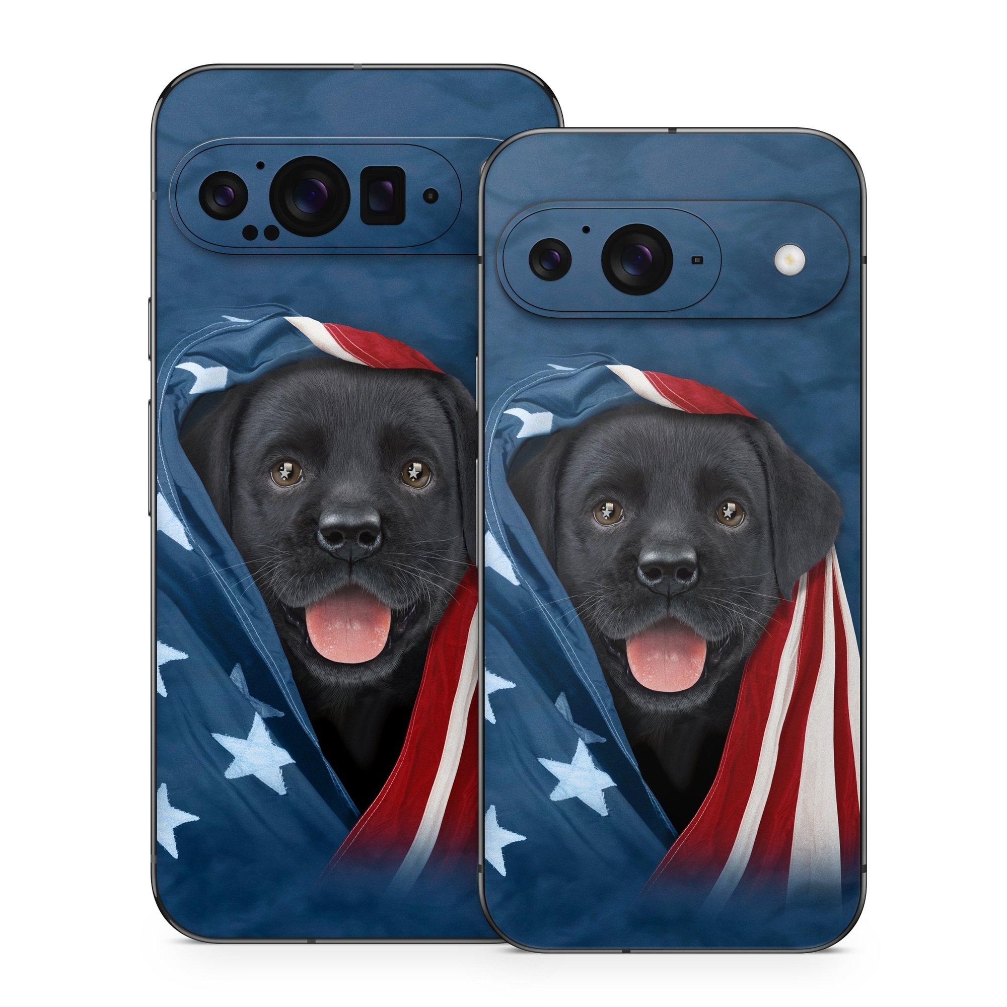 Google Pixel 9 Series Skin design of Canidae, Dog, Dog breed, Flag, Snout, Carnivore, Sporting Group, Labrador retriever, Flag of the united states, Puppy, with black, gray, white, blue, red colors