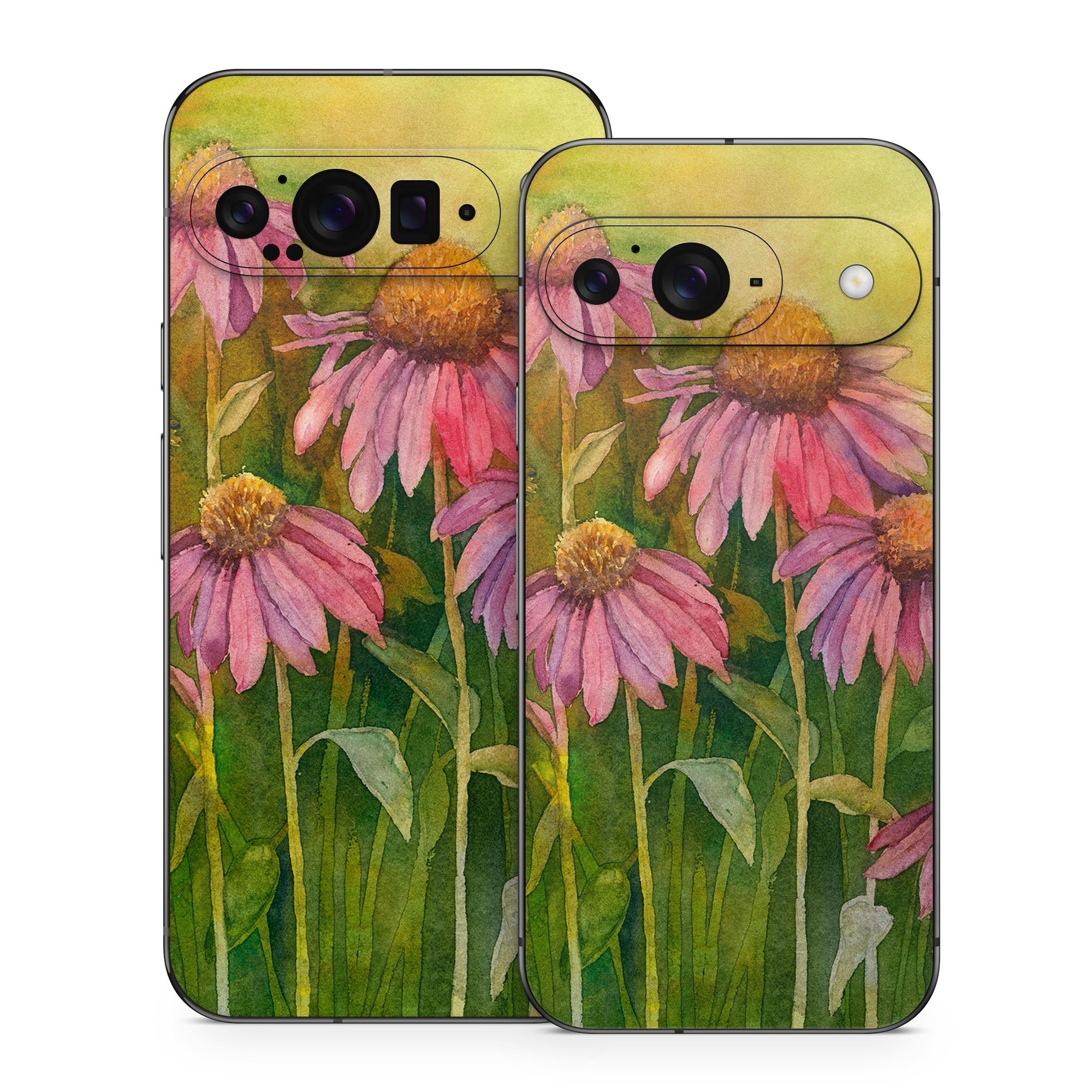 Google Pixel 9 Series Skin design of Flowering plant, Purple coneflower, Coneflower, Flower, Plant, Watercolor paint, Wildflower, black-eyed susan, Petal, Daisy family, with black, green, red, gray, purple colors