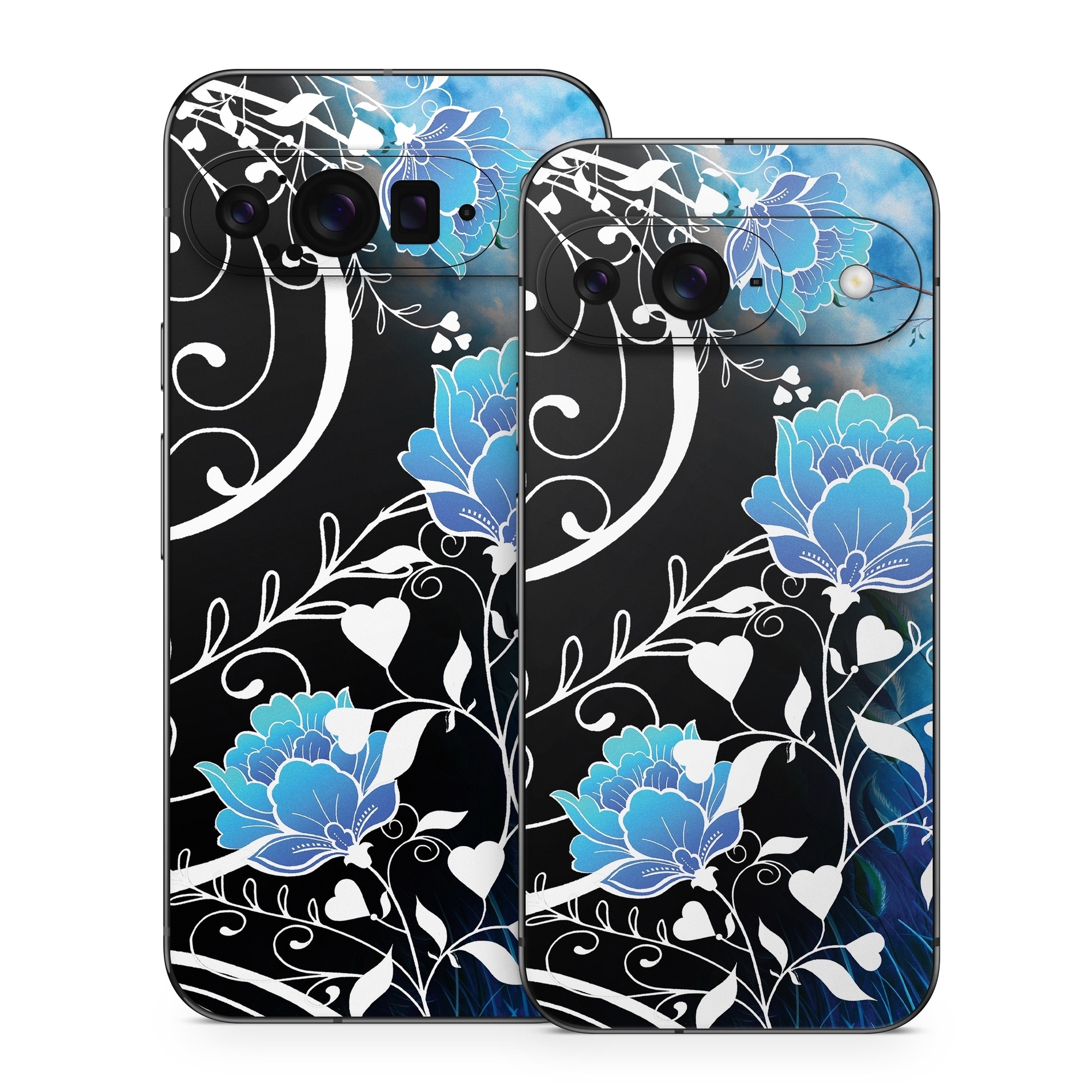 Google Pixel 9 Series Skin design of Blue, Pattern, Graphic design, Design, Illustration, Organism, Visual arts, Graphics, Plant, Art, with black, blue, gray, white colors