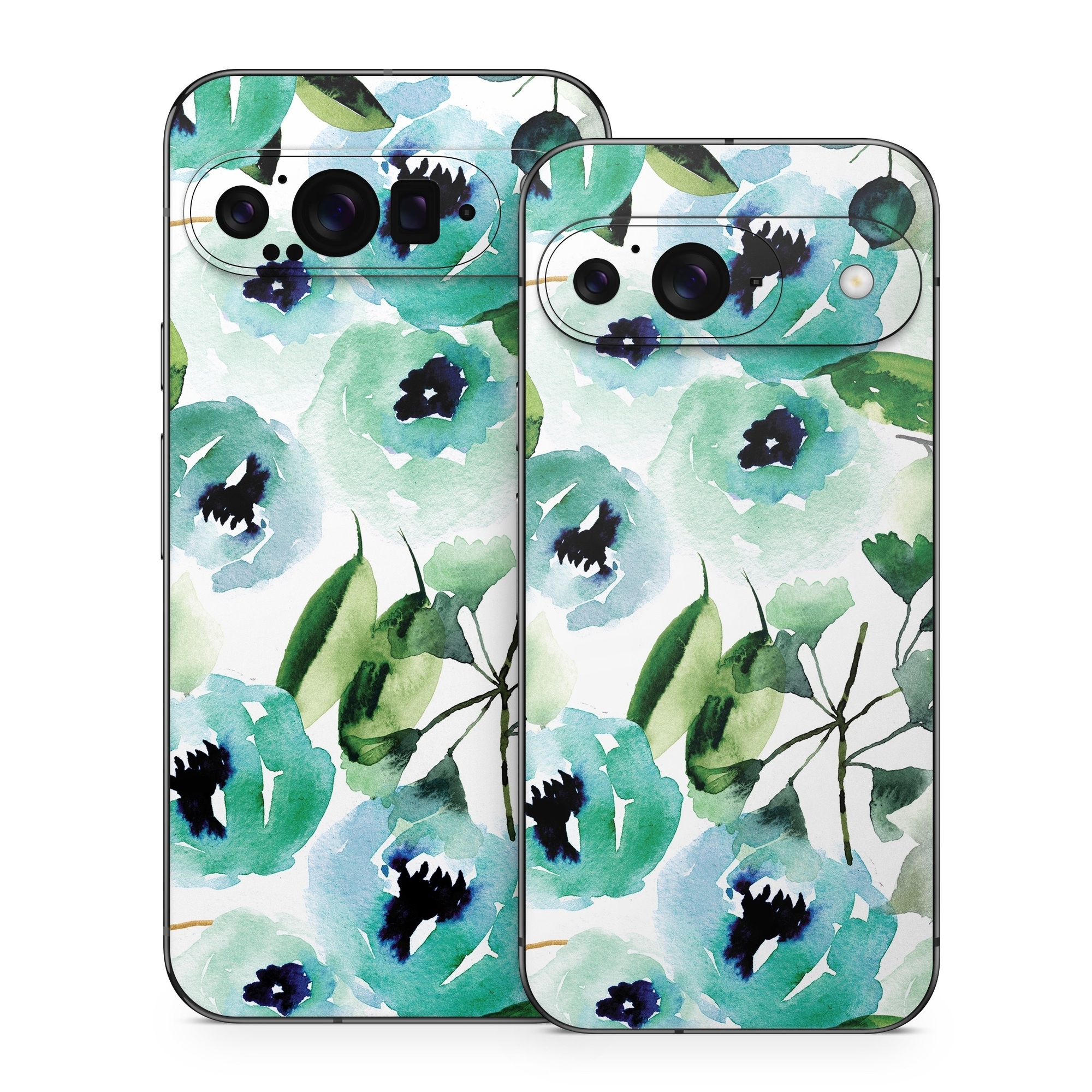 Google Pixel 9 Series Skin design of Green, Pattern, Leaf, Aqua, Plant, Design, Branch, Organism, Flower, Ivy, with white, green, blue, black colors
