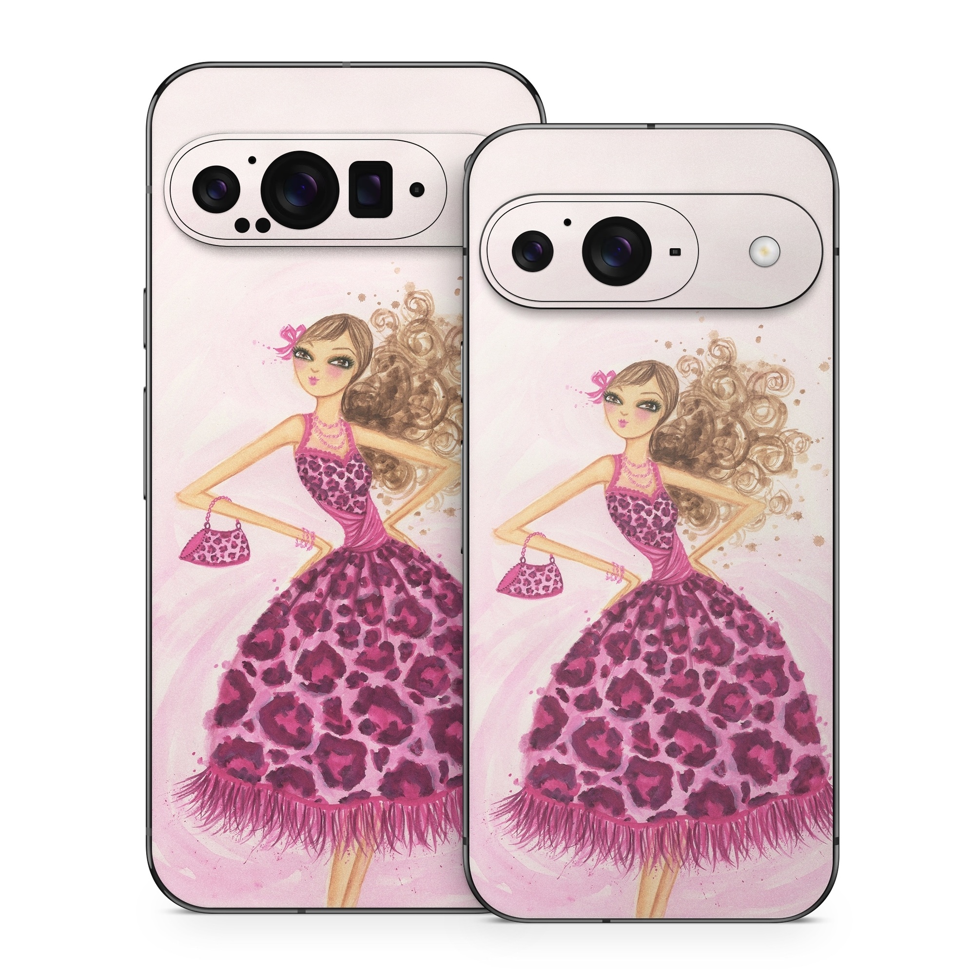 Google Pixel 9 Series Skin design of Pink, Doll, Dress, Fashion illustration, Barbie, Fashion design, Illustration, Gown, Costume design, Toy, with pink, gray, red, purple, green colors