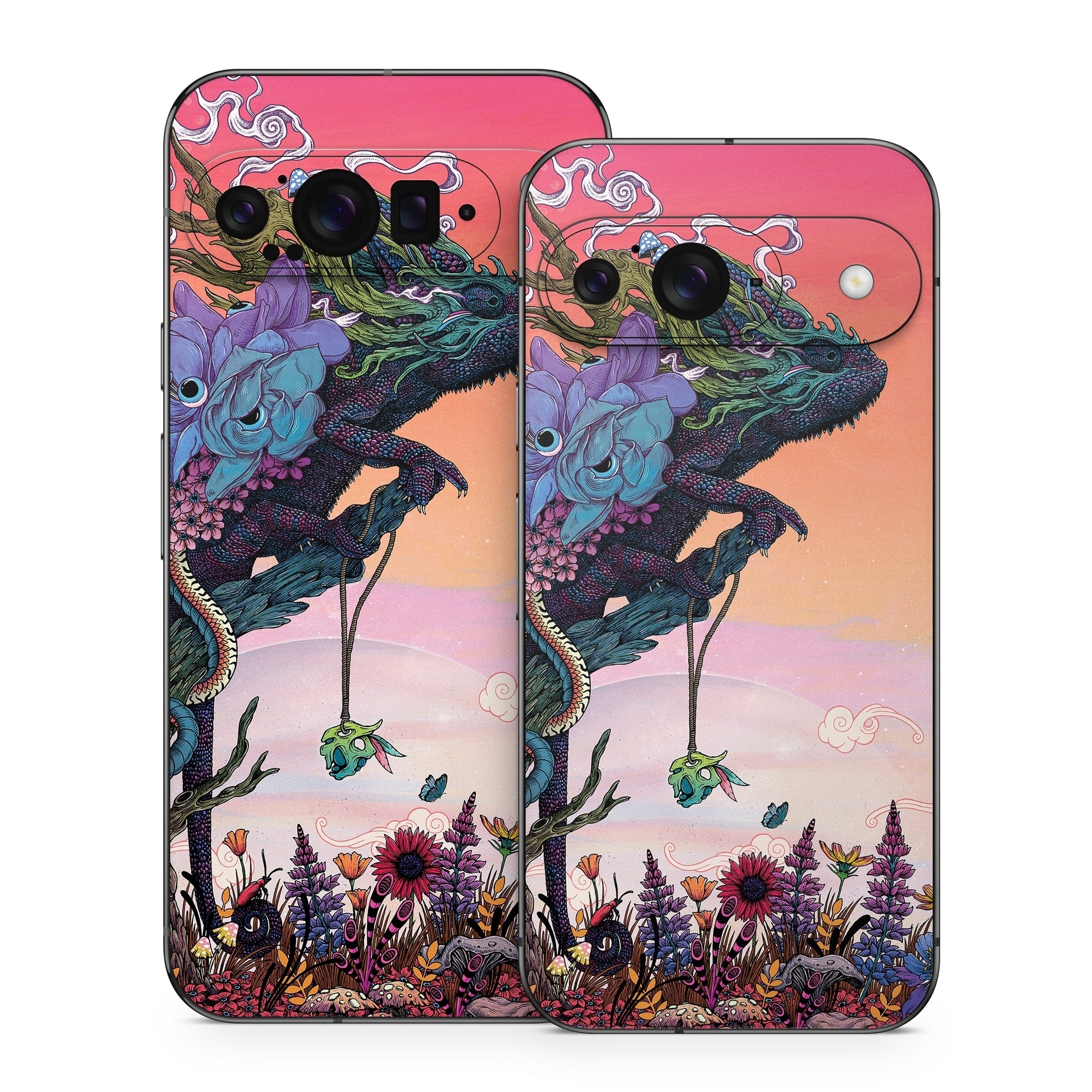 Google Pixel 9 Series Skin design of Illustration, Fictional character, Fiction, Art, Organism, Plant, Tree, Graphic design, Cg artwork, with red, orange, green, purple, white, blue, brown colors