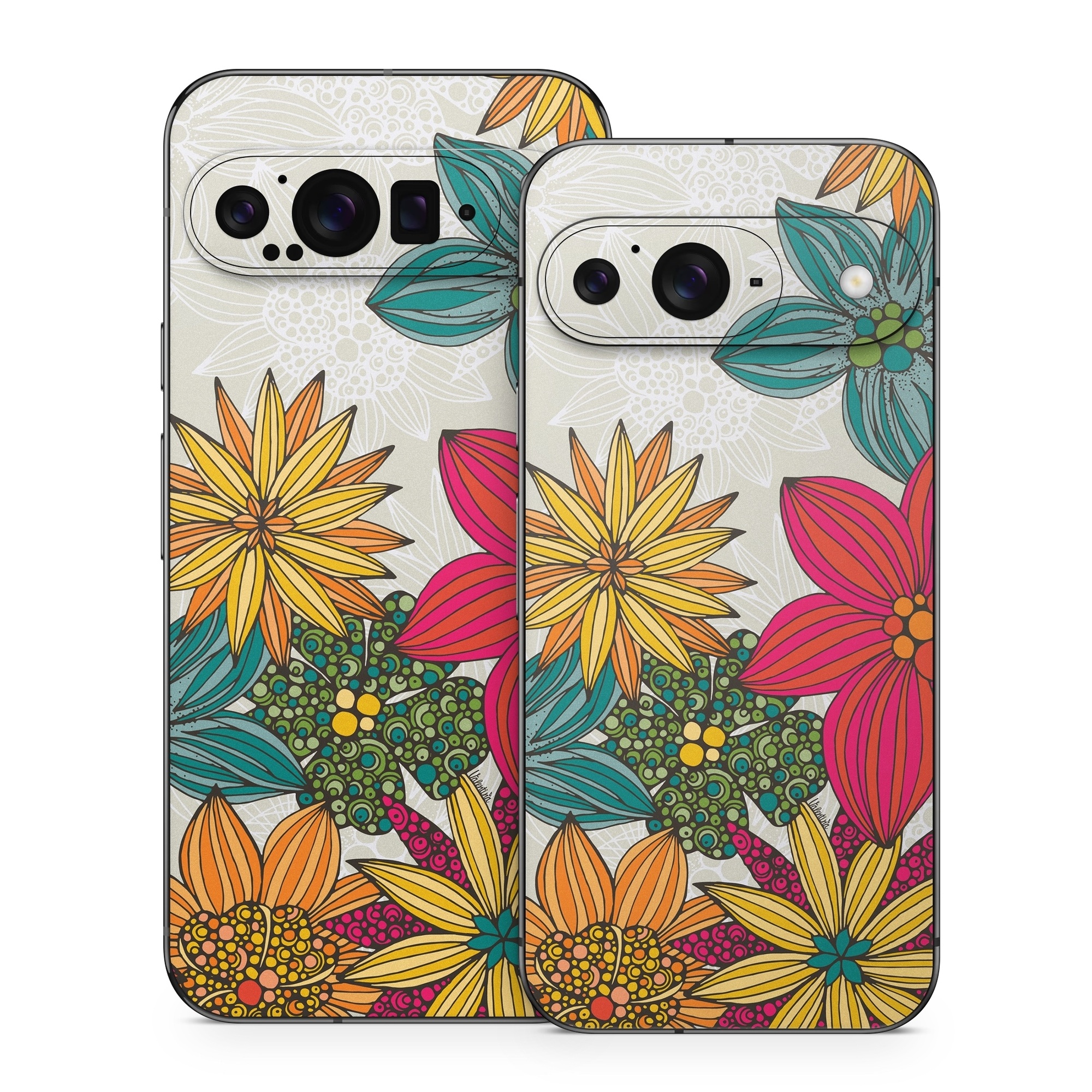 Google Pixel 9 Series Skin design of Floral design, Pattern, Flower, Wildflower, Plant, Botany, Leaf, Design, Textile, Visual arts, with blue, yellow, red, green, orange, gray colors
