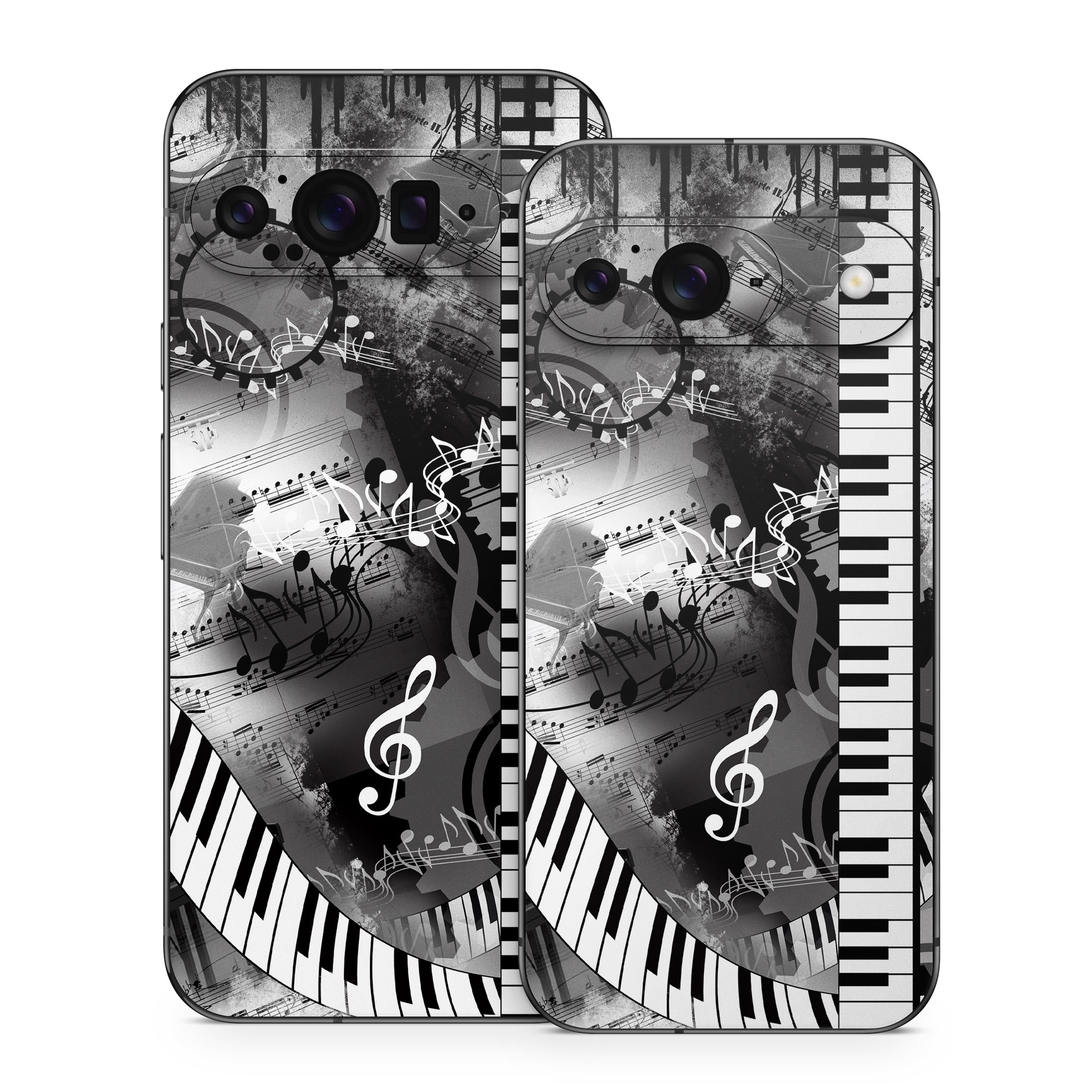 Google Pixel 9 Series Skin design of Music, Monochrome, Black-and-white, Illustration, Graphic design, Musical instrument, Technology, Musical keyboard, Piano, Electronic instrument, with black, gray, white colors