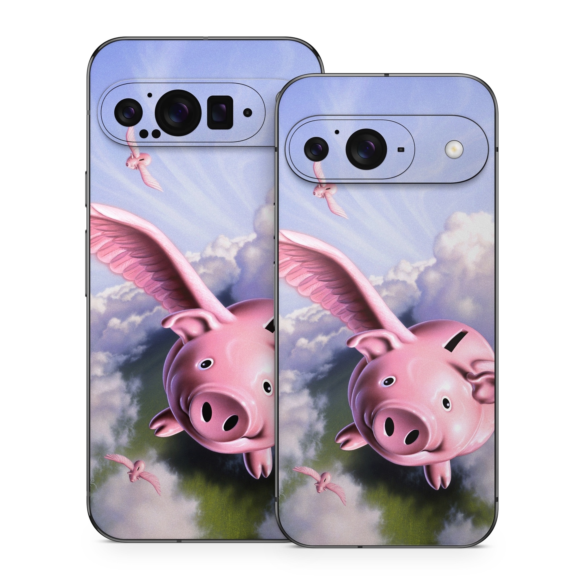 Google Pixel 9 Series Skin design of Cloud, Sky, Happy, Pink, Bird, Art, Wing, Snout, Wind, Fictional character, with pink, white, blue, gray, green colors