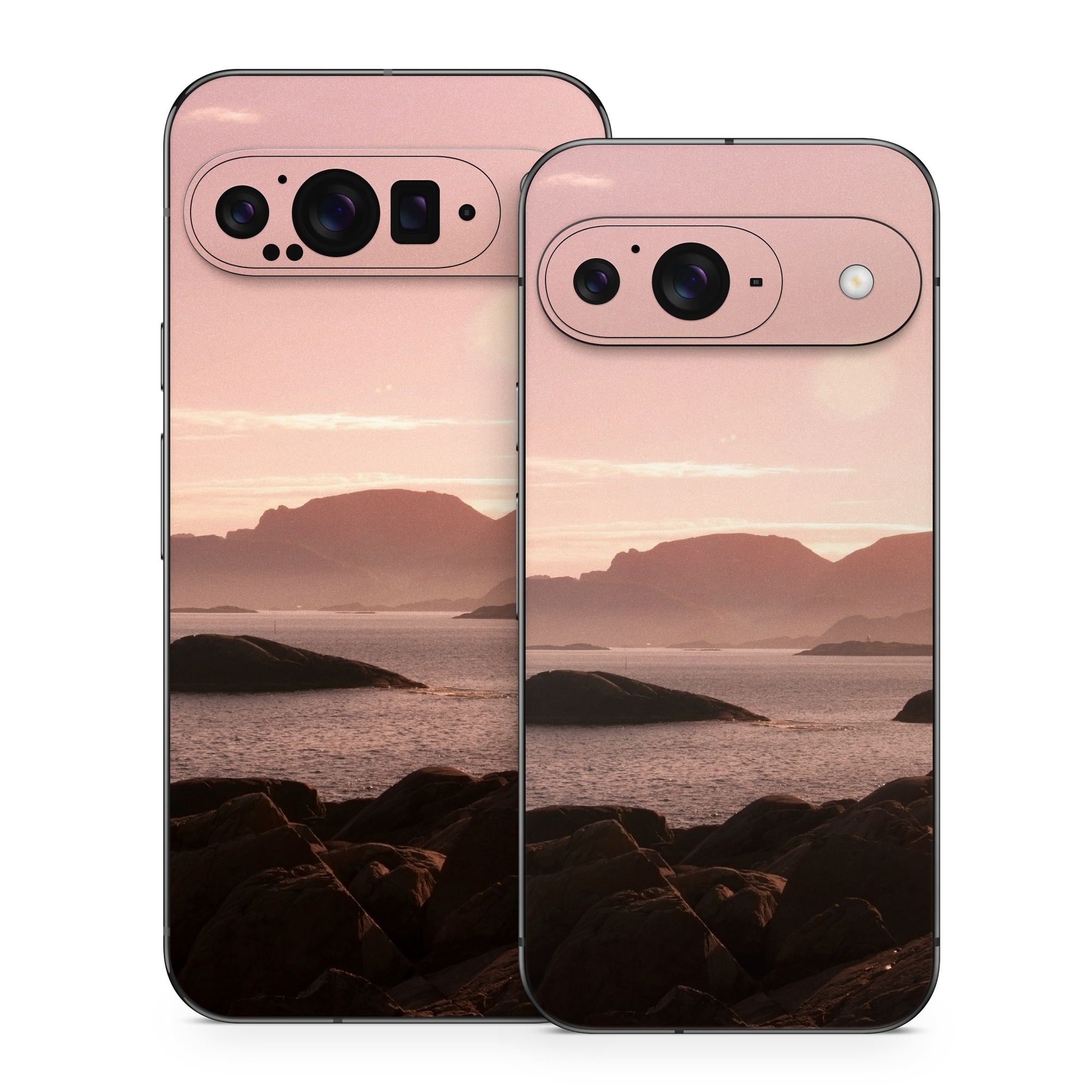 Google Pixel 9 Series Skin design of Sky, Nature, Sea, Atmospheric phenomenon, Horizon, Natural landscape, Coast, Cloud, Morning, Calm, with gray, black, red, pink, green colors