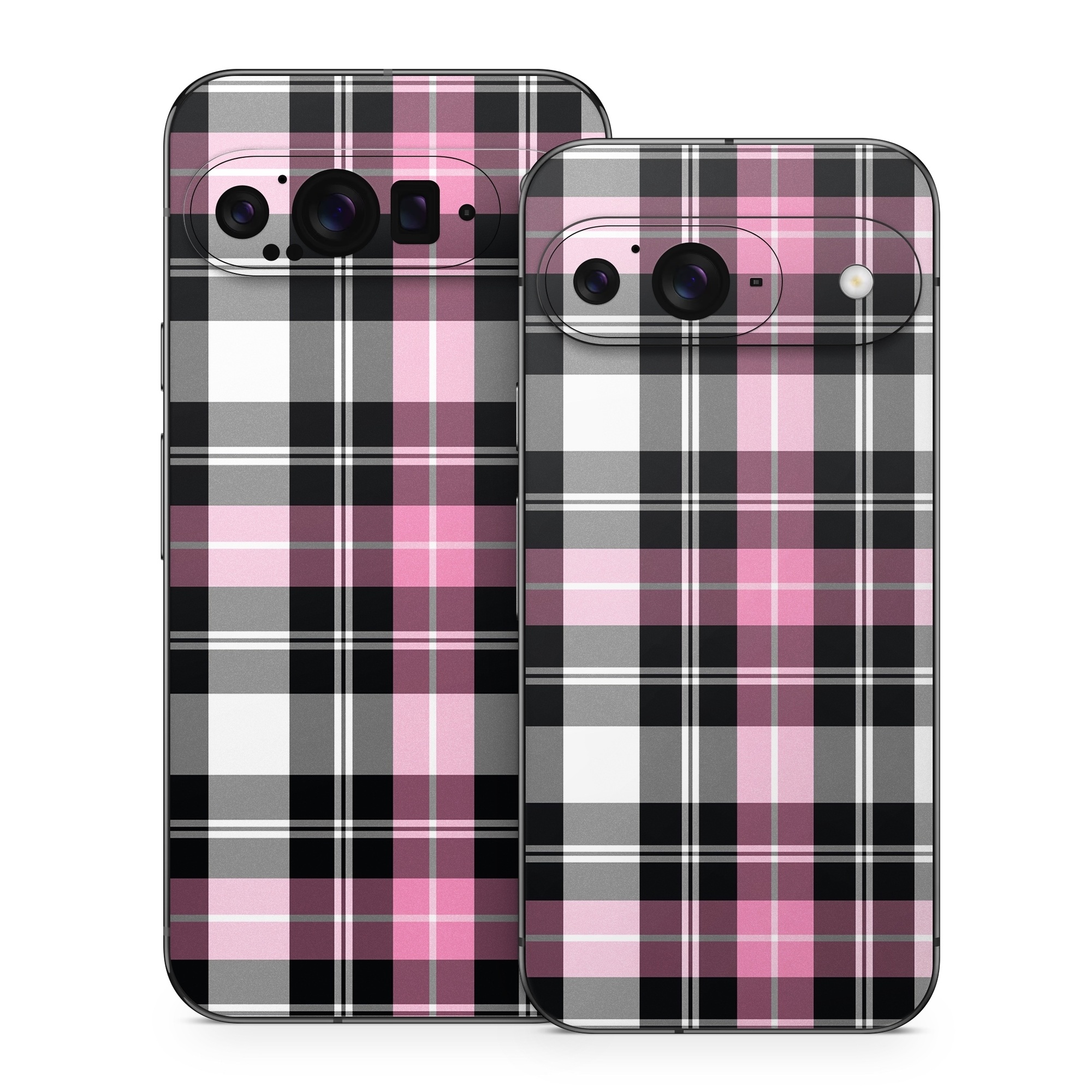 Google Pixel 9 Series Skin design of Plaid, Tartan, Pattern, Pink, Purple, Violet, Line, Textile, Magenta, Design, with black, gray, pink, red, white, purple colors