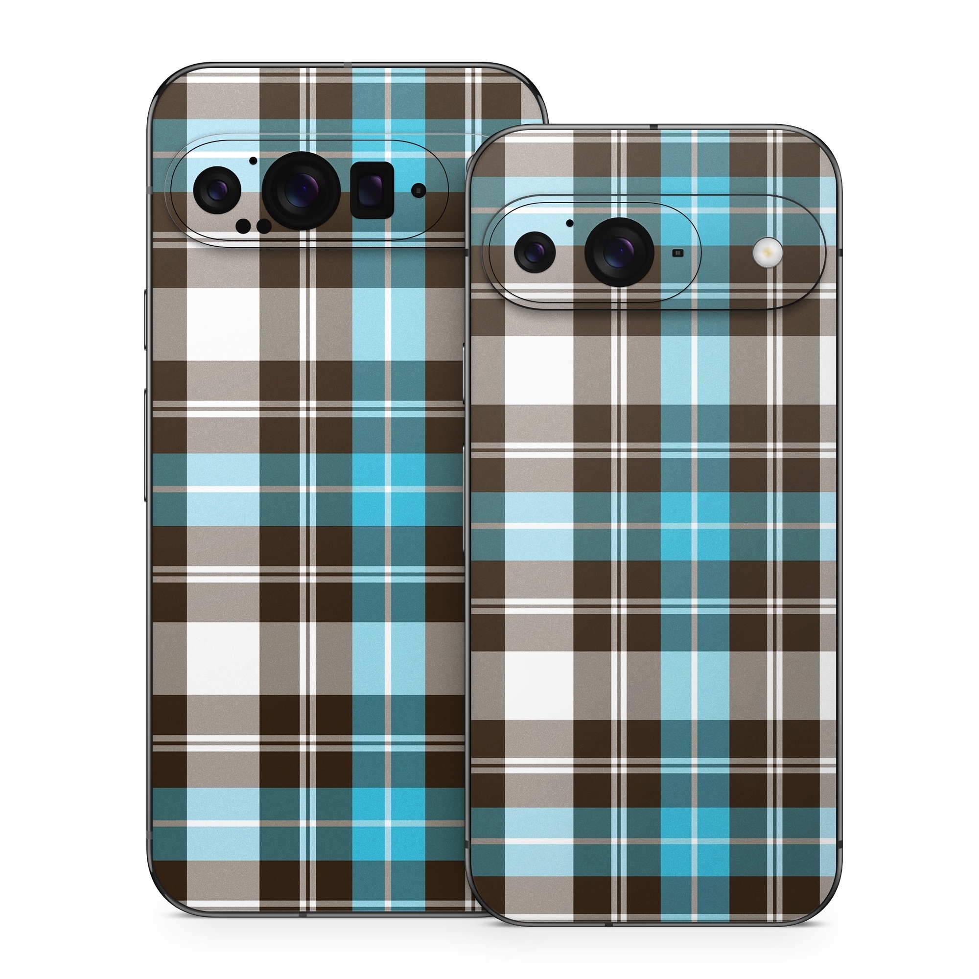 Google Pixel 9 Series Skin design of Plaid, Pattern, Tartan, Turquoise, Textile, Design, Brown, Line, Tints and shades, with gray, black, blue, white colors