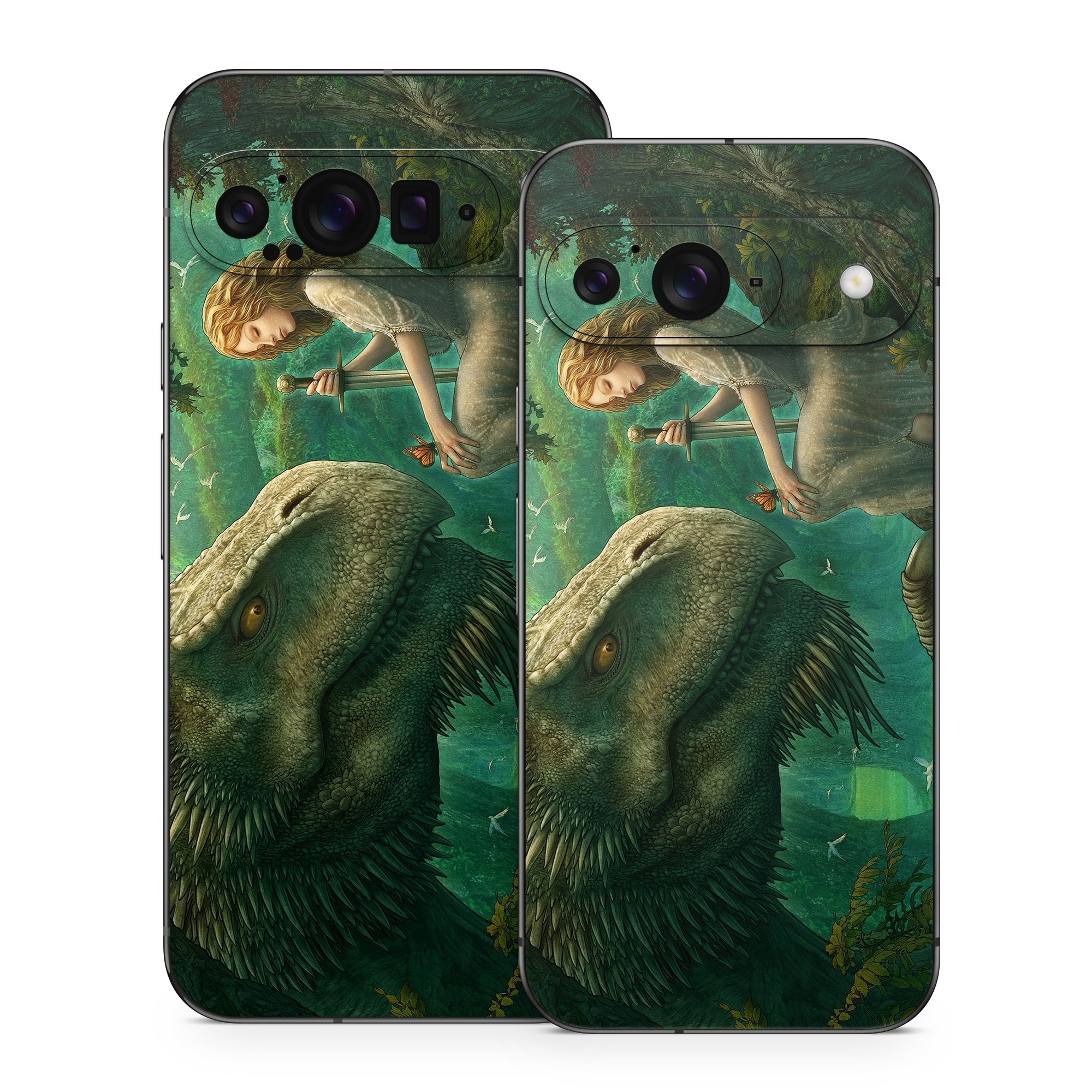 Google Pixel 9 Series Skin design of Dinosaur, Cg artwork, Mythology, Fictional character, Troodon, Extinction, Velociraptor, Illustration, Animated cartoon, Tyrannosaurus, with black, green, gray, red colors