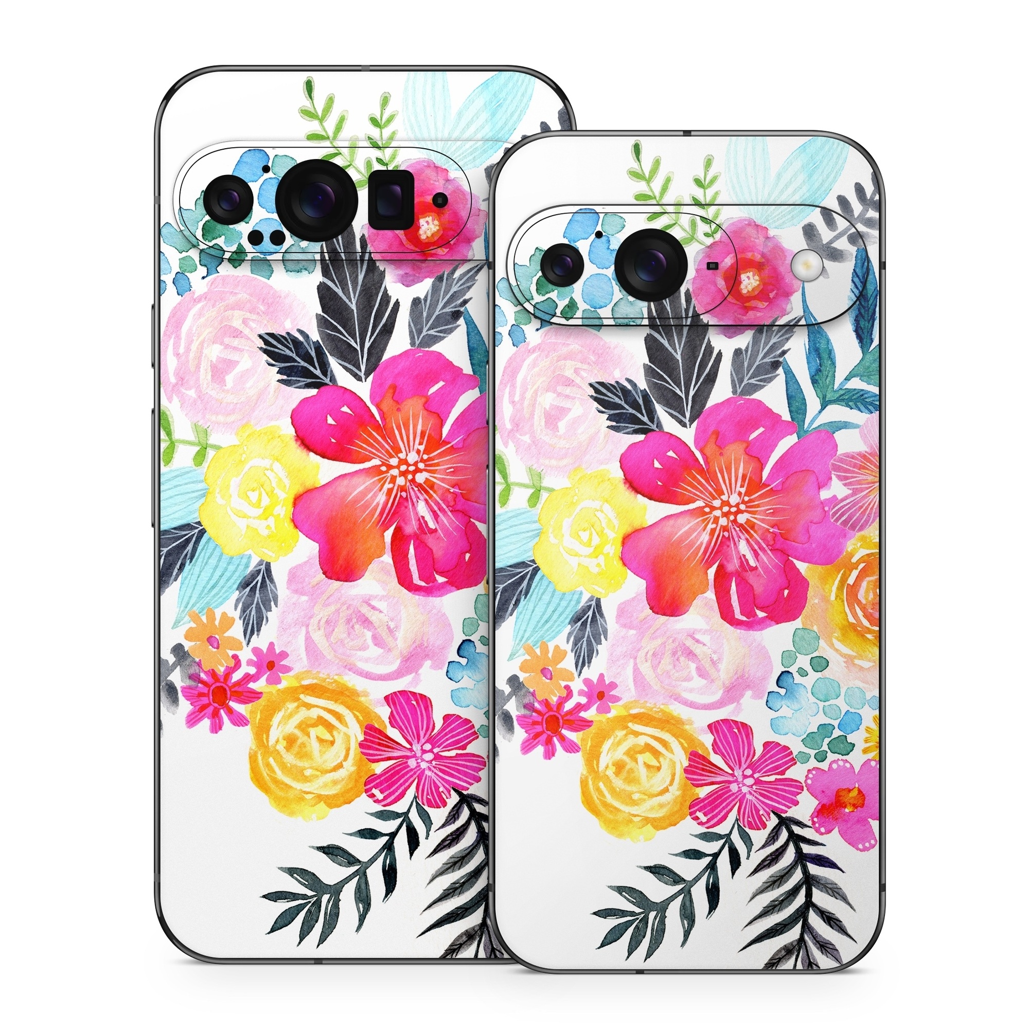 Google Pixel 9 Series Skin design of Flower, Clip art, Bouquet, Plant, Illustration, Floral design, Pink, Petal, Botany, Design, with white, pink, orange, red, yellow, blue, black, green colors