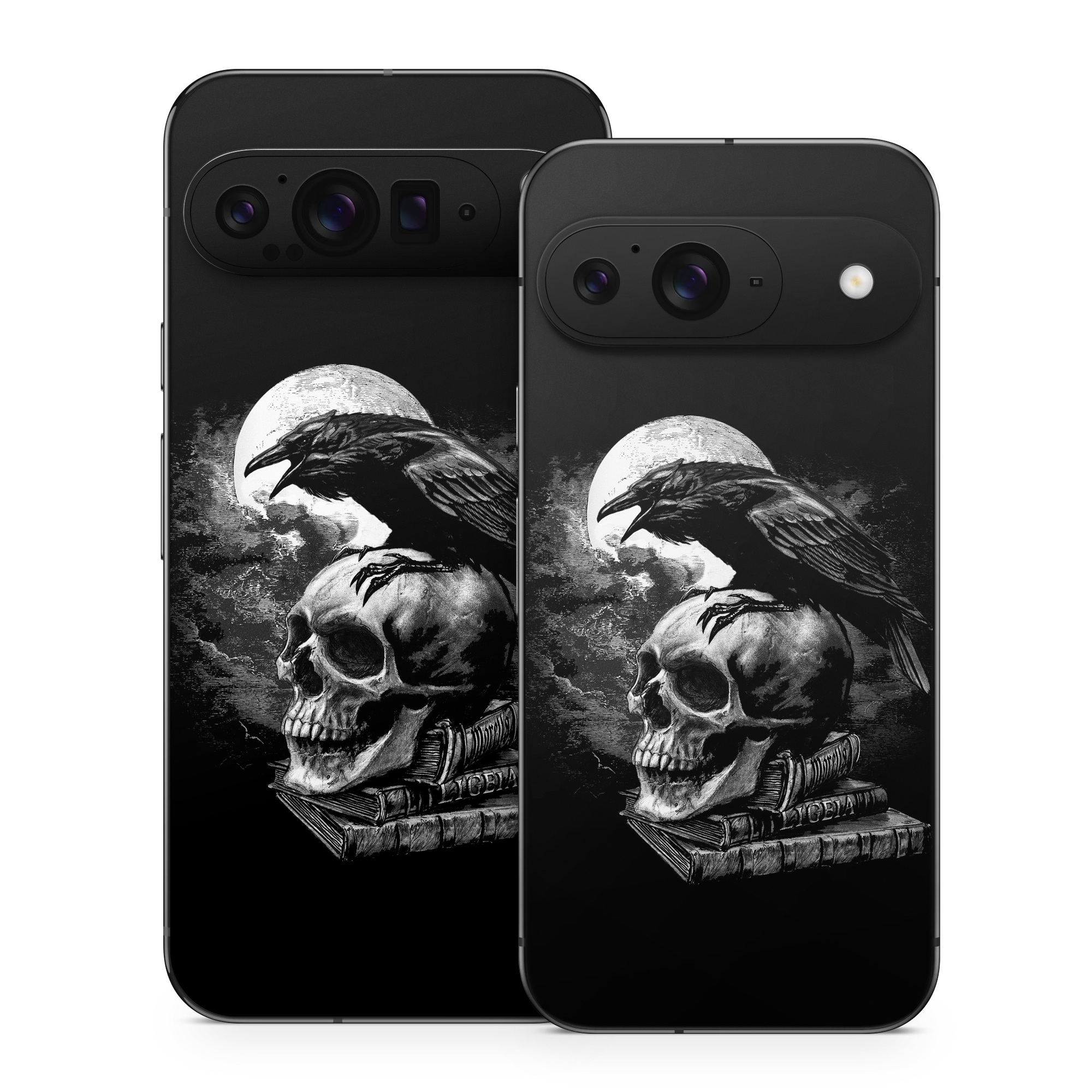 Google Pixel 9 Series Skin design of Bone, Skull, Bird, Darkness, Monochrome, Wing, Black-and-white, Illustration, Beak, Fictional Character, Drawing, Symbol, with black, white, gray colors