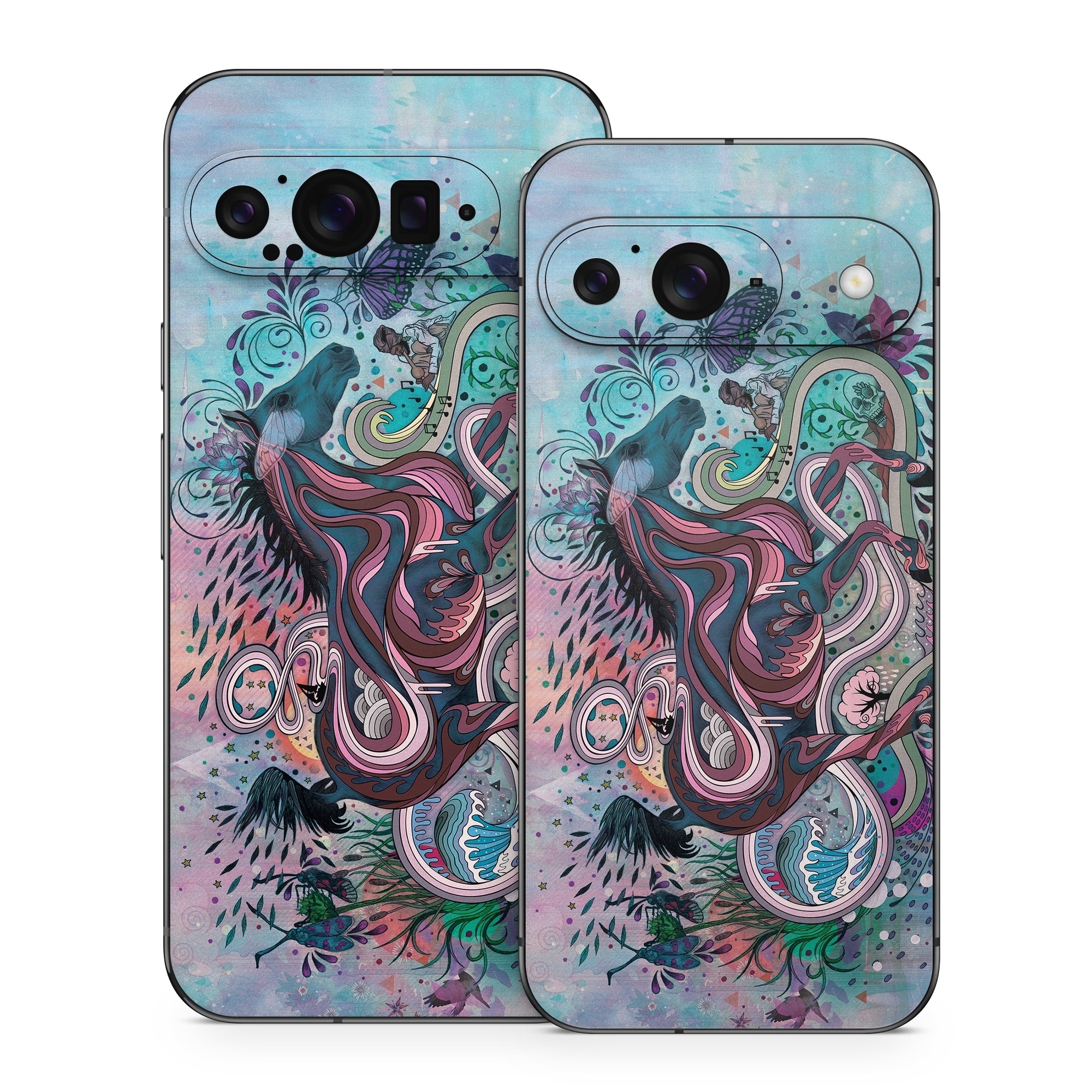 Google Pixel 9 Series Skin design of Illustration, Art, Visual arts, Graphic design, Fictional character, Psychedelic art, Pattern, Drawing, Painting, Mythology, with gray, black, blue, red, purple colors