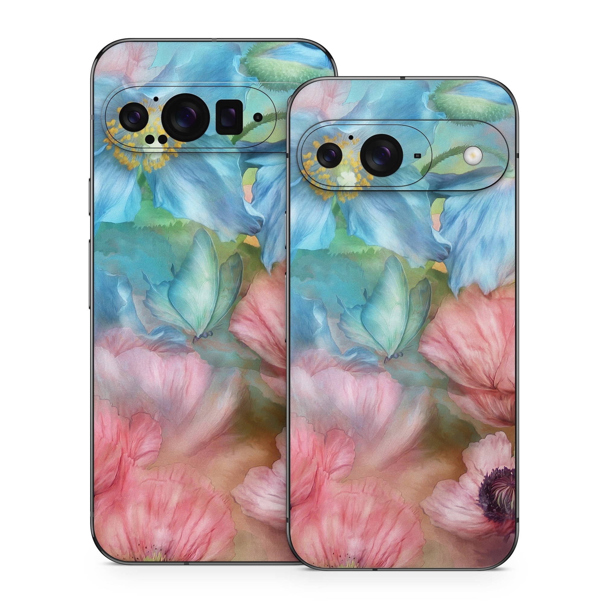 Google Pixel 9 Series Skin design of Flower, Petal, Watercolor paint, Painting, Plant, Flowering plant, Pink, Botany, Wildflower, Still life, with gray, blue, black, red, green colors