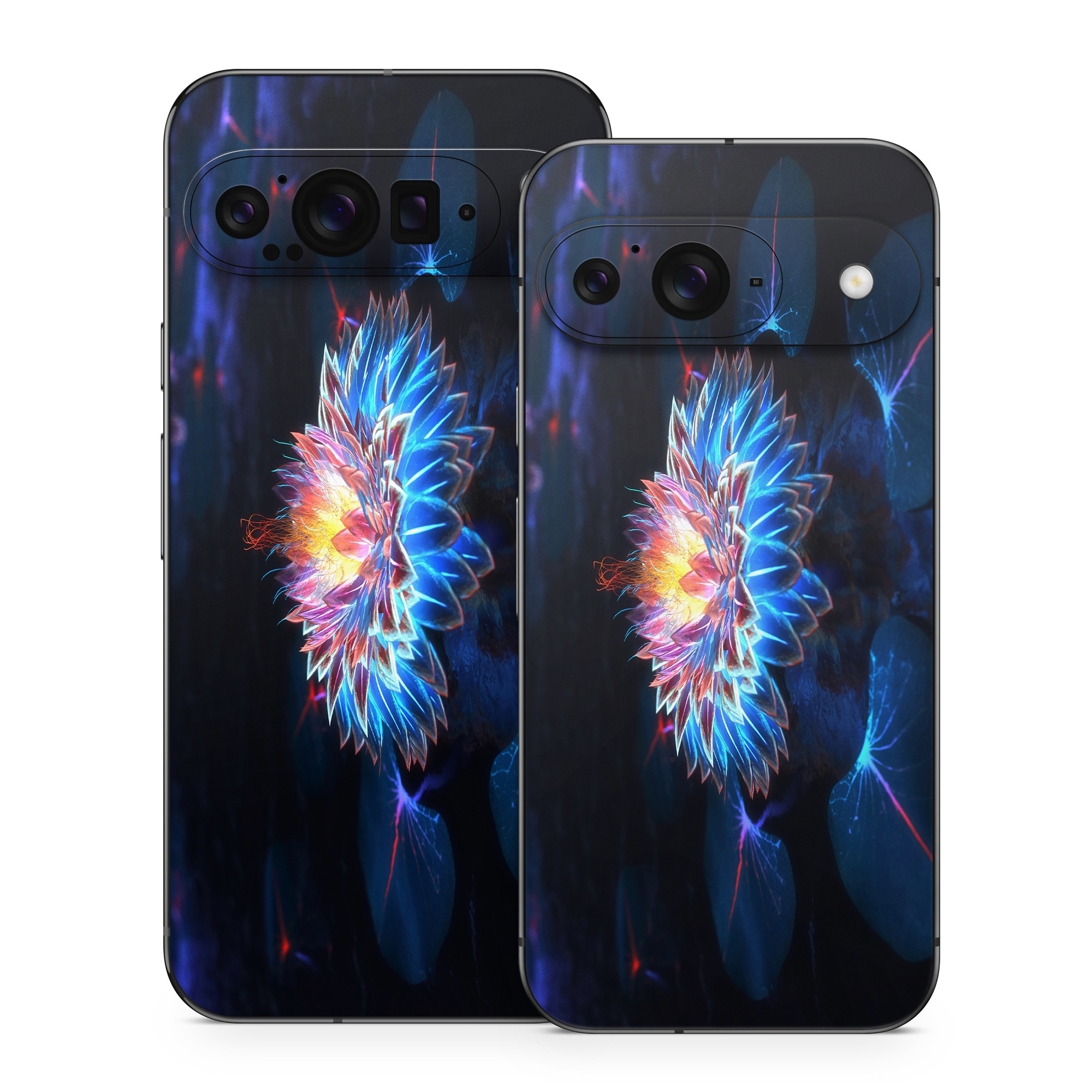 Google Pixel 9 Series Skin design of Water, Light, Fractal art, Organism, Electric blue, Aquatic plant, Darkness, Plant, Art, Space, with black, blue, gray colors