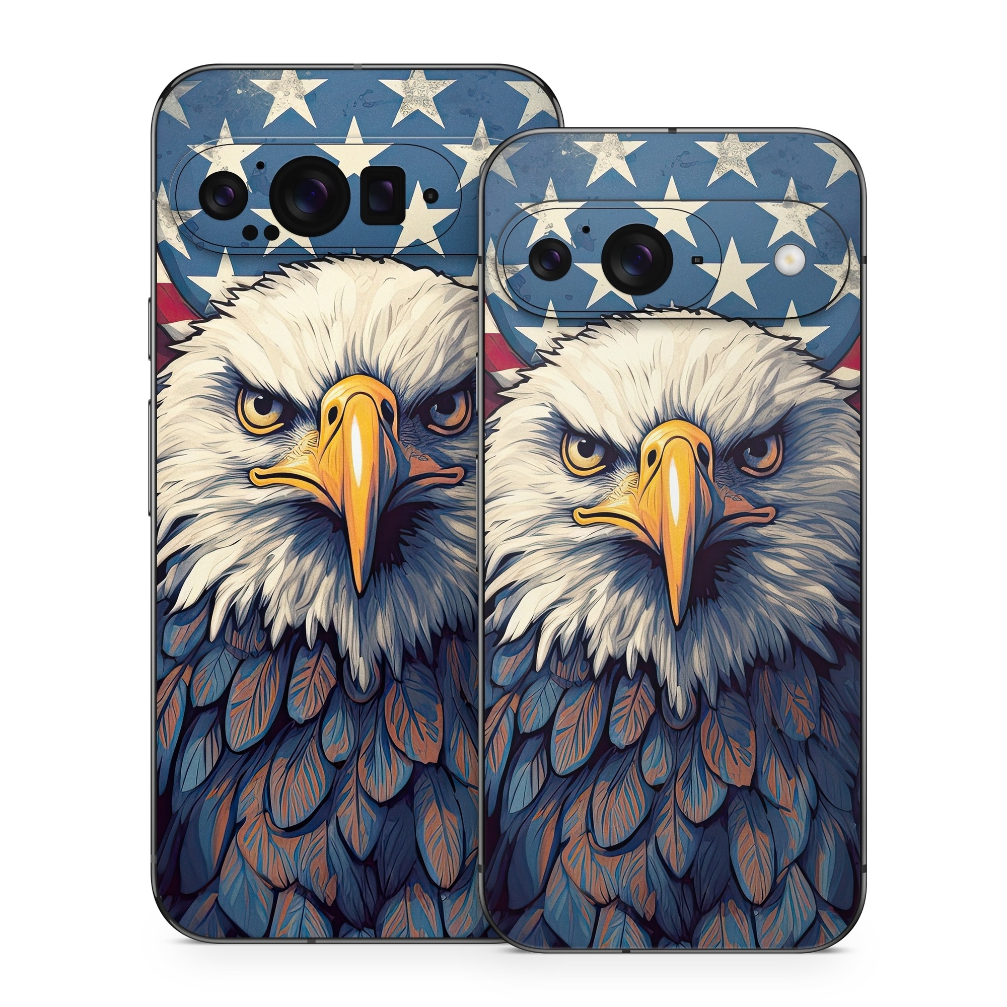 Google Pixel 9 Series Skin design of Bird, Accipitridae, Beak, Sea eagle, Falconiformes, Feather, Eagle, Painting, Art, Bald eagle, with red, blue, white, brown, yellow, gray, orange colors