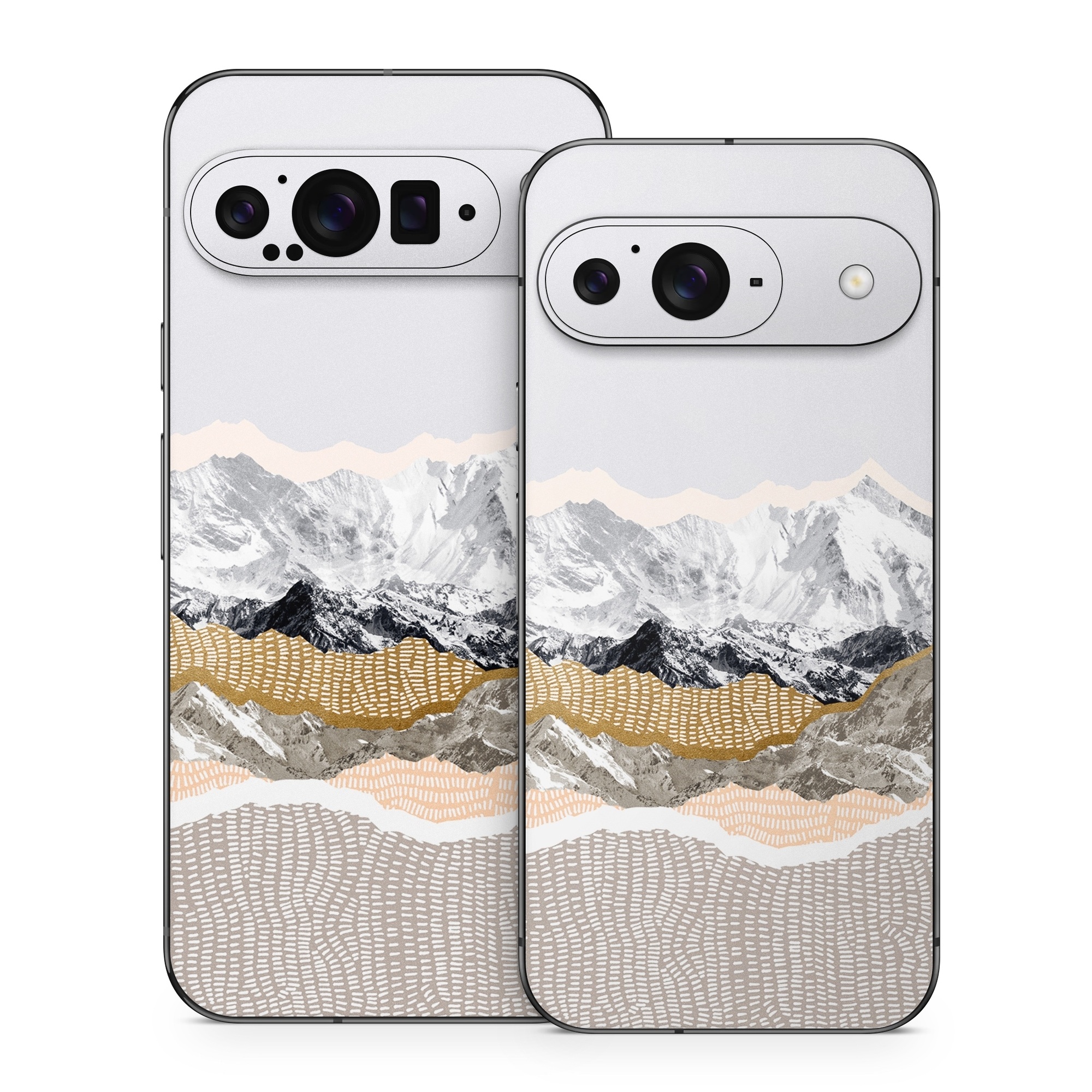 Google Pixel 9 Series Skin design of White, Mountainous landforms, Mountain, Mountain range, Glacial landform, Geological phenomenon, Sky, Ridge, Geology, Glacier, with white, yellow, brown, gray, black colors
