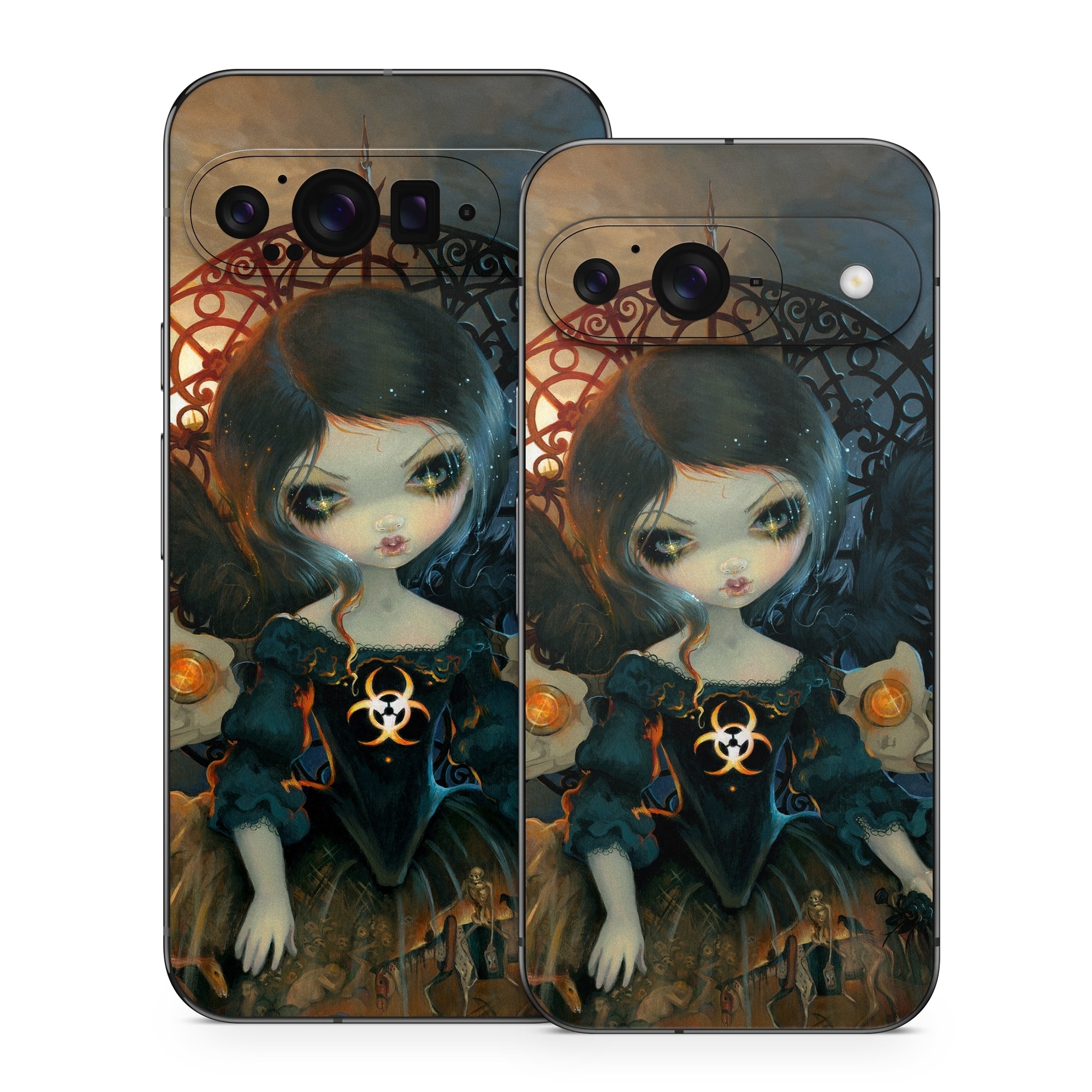 Google Pixel 9 Series Skin design of Doll, Head, Illustration, Eye, Cg artwork, Fictional character, Toy, Iris, Art, Mythology, with brown, red, black, orange, blue, yellow colors