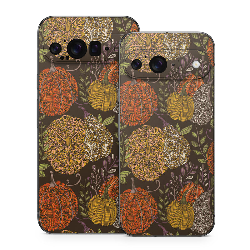 Google Pixel 9 Series Skin design of Pumpkin, Orange, Calabaza, Produce, Squash, Gourd, Winter squash, Natural foods, Vegetable, Cucurbits, with orange, yellow, brown, green colors