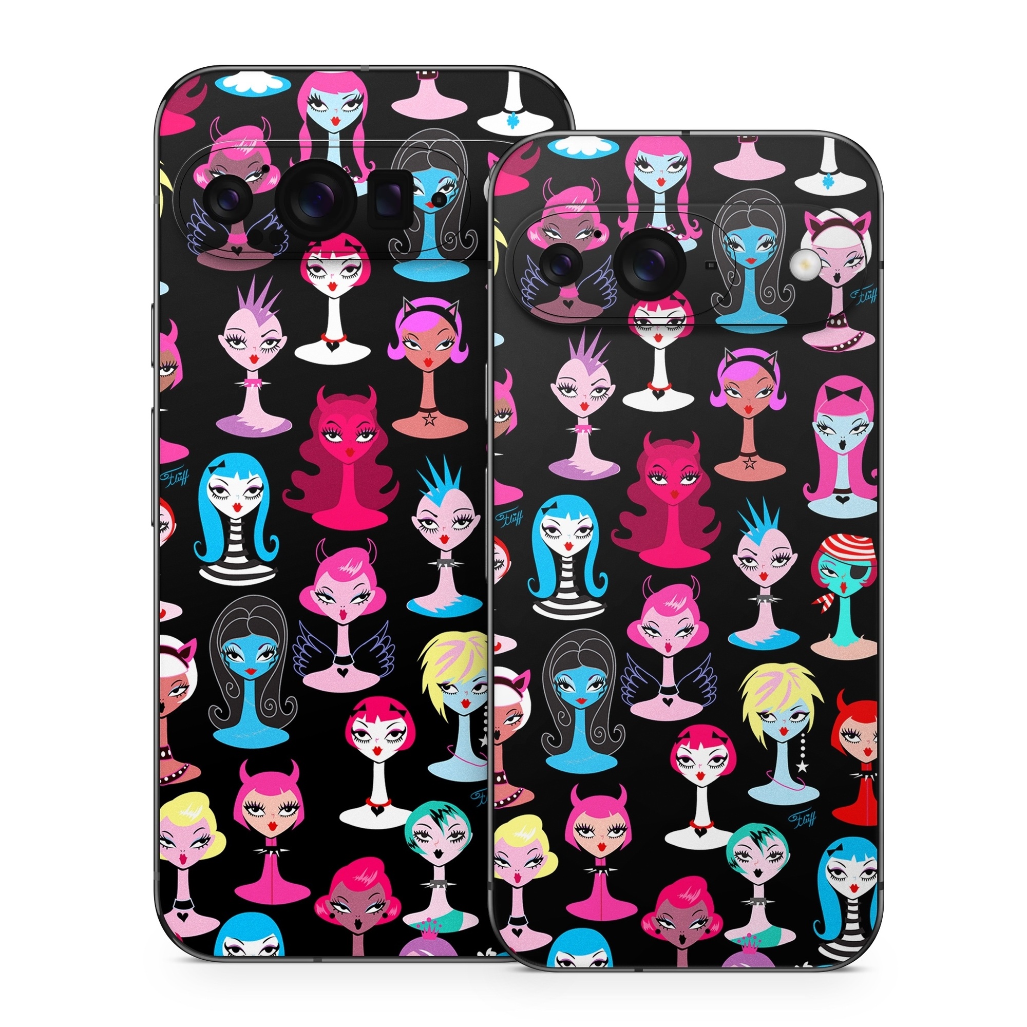 Google Pixel 9 Series Skin design of Facial expression, Product, Font, Pink, Red, Magenta, Material property, Pattern, Fictional character, Illustration, with black, pink, blue, brown, red, green, white, yellow colors