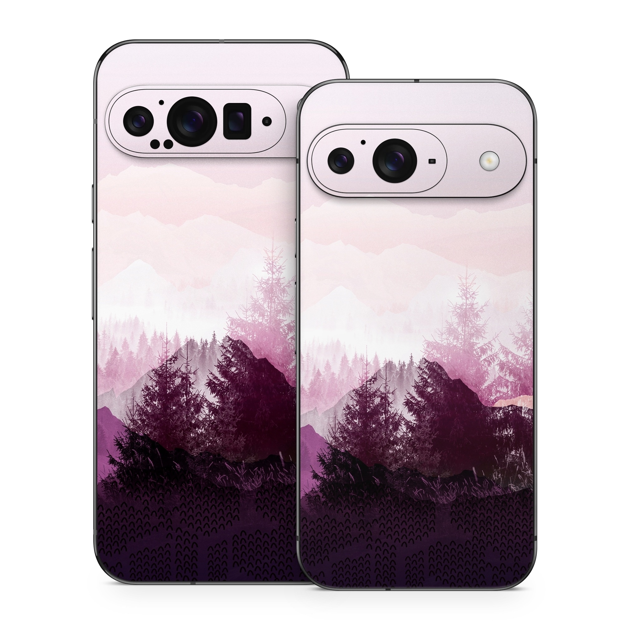 Google Pixel 9 Series Skin design of Sky, Purple, Atmospheric phenomenon, Pink, Natural landscape, Violet, Mountain, Tree, Morning, Mountain range, with white, purple, black, pink colors