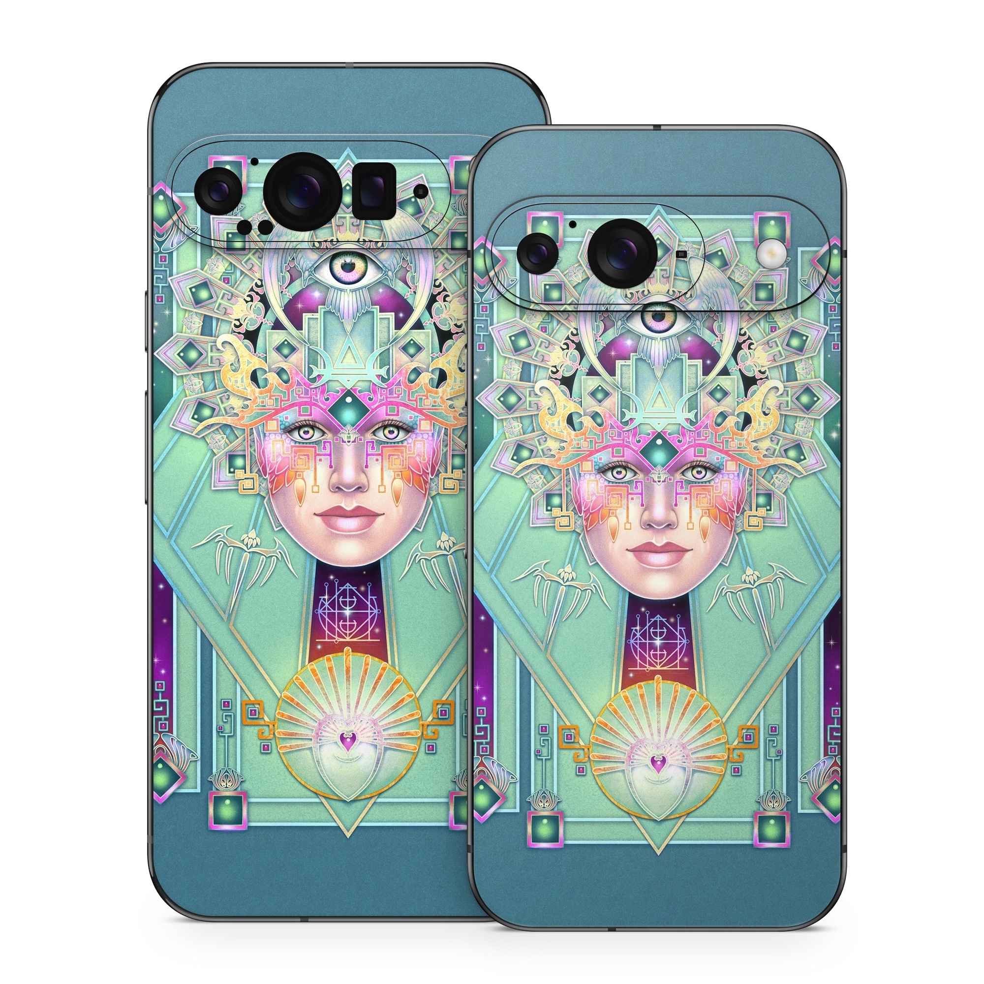 Google Pixel 9 Series Skin design of Head, Eye, Eyelash, Font, Art, Magenta, Rectangle, Painting, Illustration, Pattern, with blue, green, yellow, red, purple, white colors
