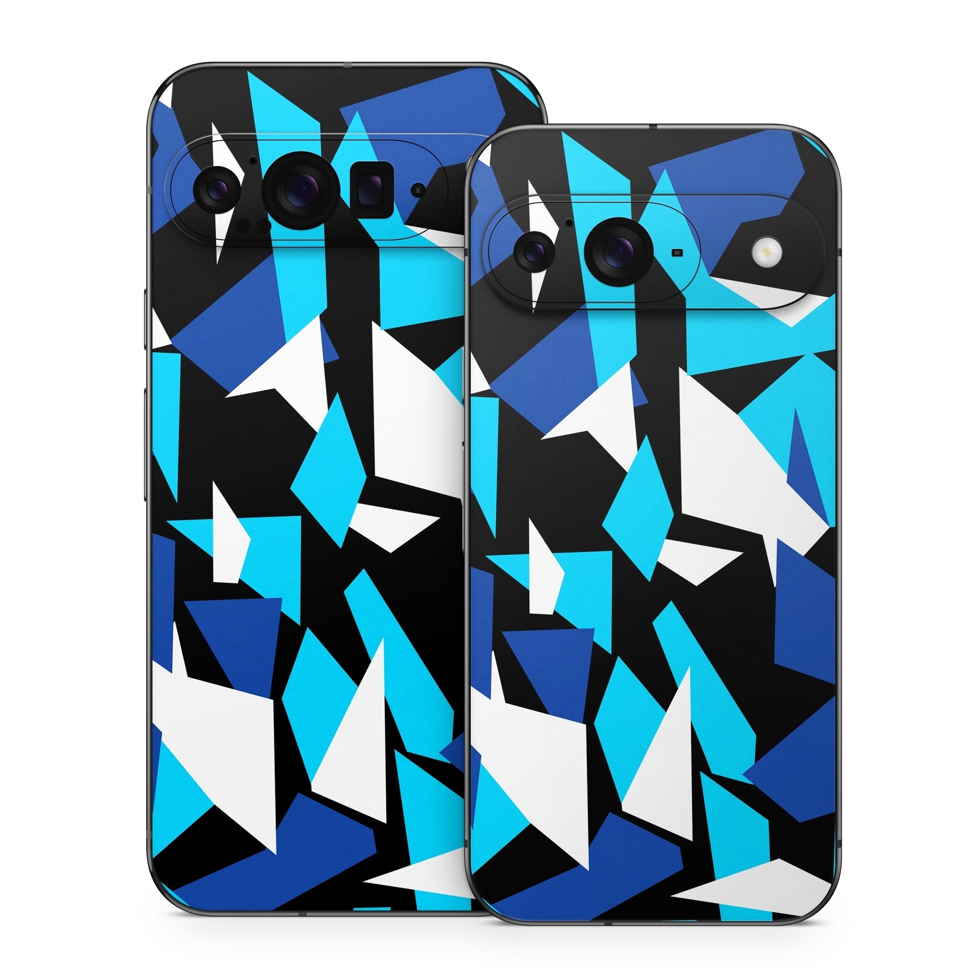 Google Pixel 9 Series Skin design of Blue, Pattern, Turquoise, Cobalt blue, Teal, Design, Electric blue, Graphic design, Triangle, Font, with blue, white, black colors