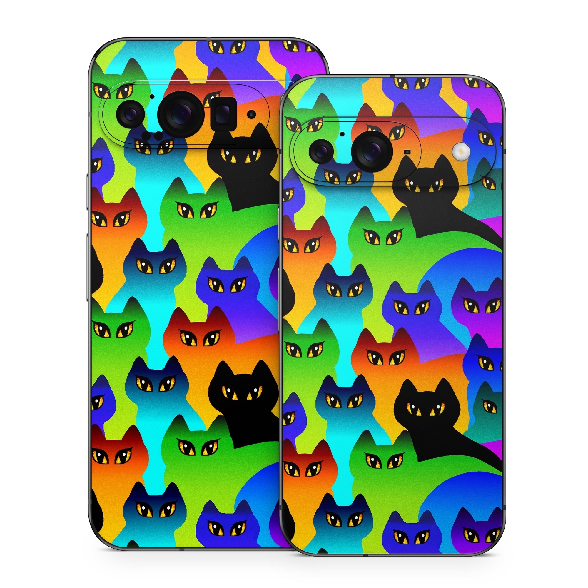 Google Pixel 9 Series Skin design of Black cat, Purple, Cat, Small to medium-sized cats, Pattern, Design, Felidae, Illustration, Art, with black, blue, green, purple colors