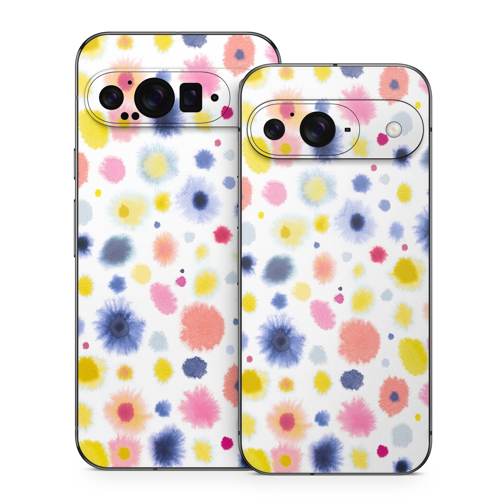 Google Pixel 9 Series Skin design of Material property, Circle, Pattern, Design, Magenta, Electric blue, Font, Flowering plant, Painting, with white, pink, orange, blue, yellow, gray colors