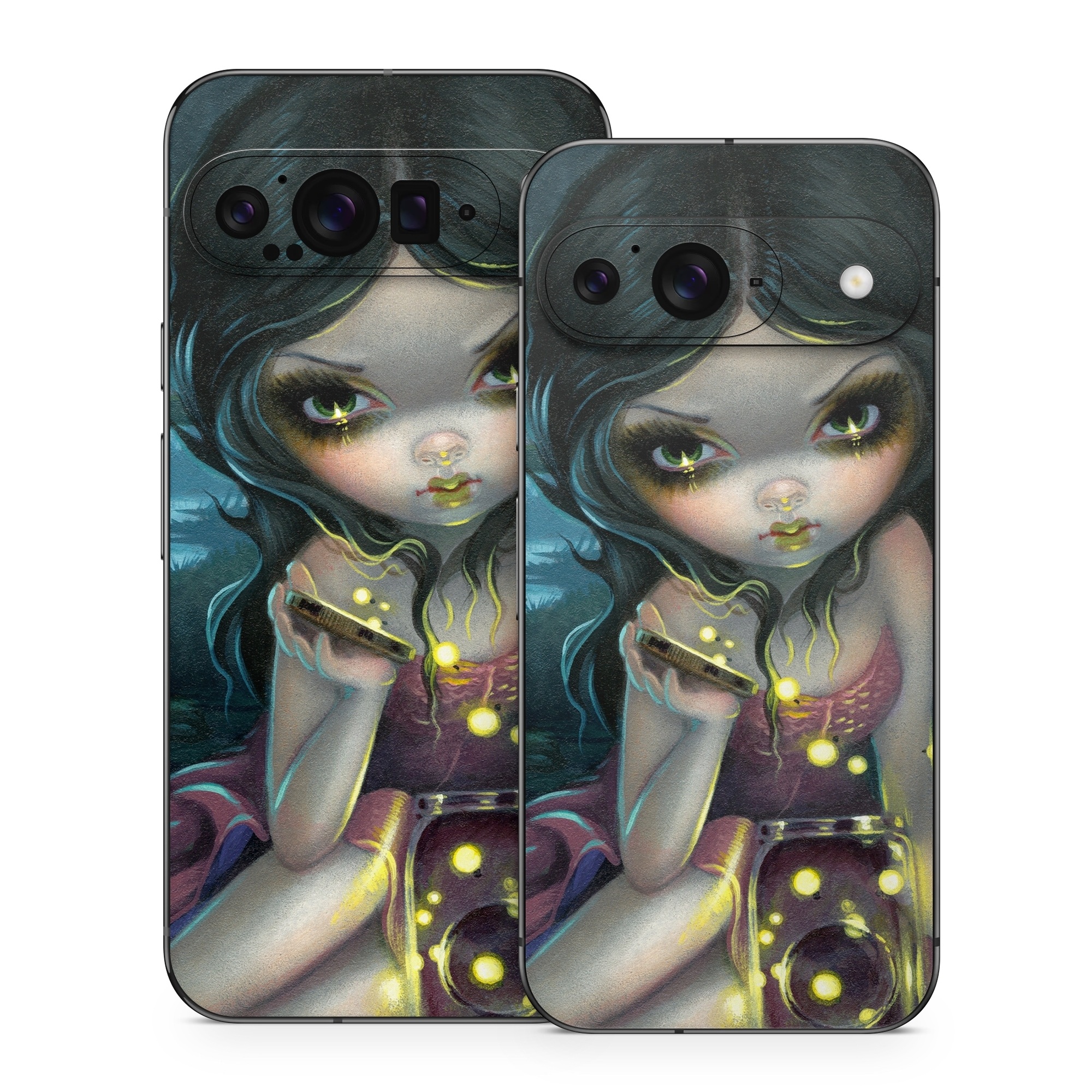 Google Pixel 9 Series Skin design of Cg artwork, Illustration, Fictional character, Art, Iris, Black hair, Fawn, Mythology, Fiction, with blue, green, pink, yellow, black, white colors