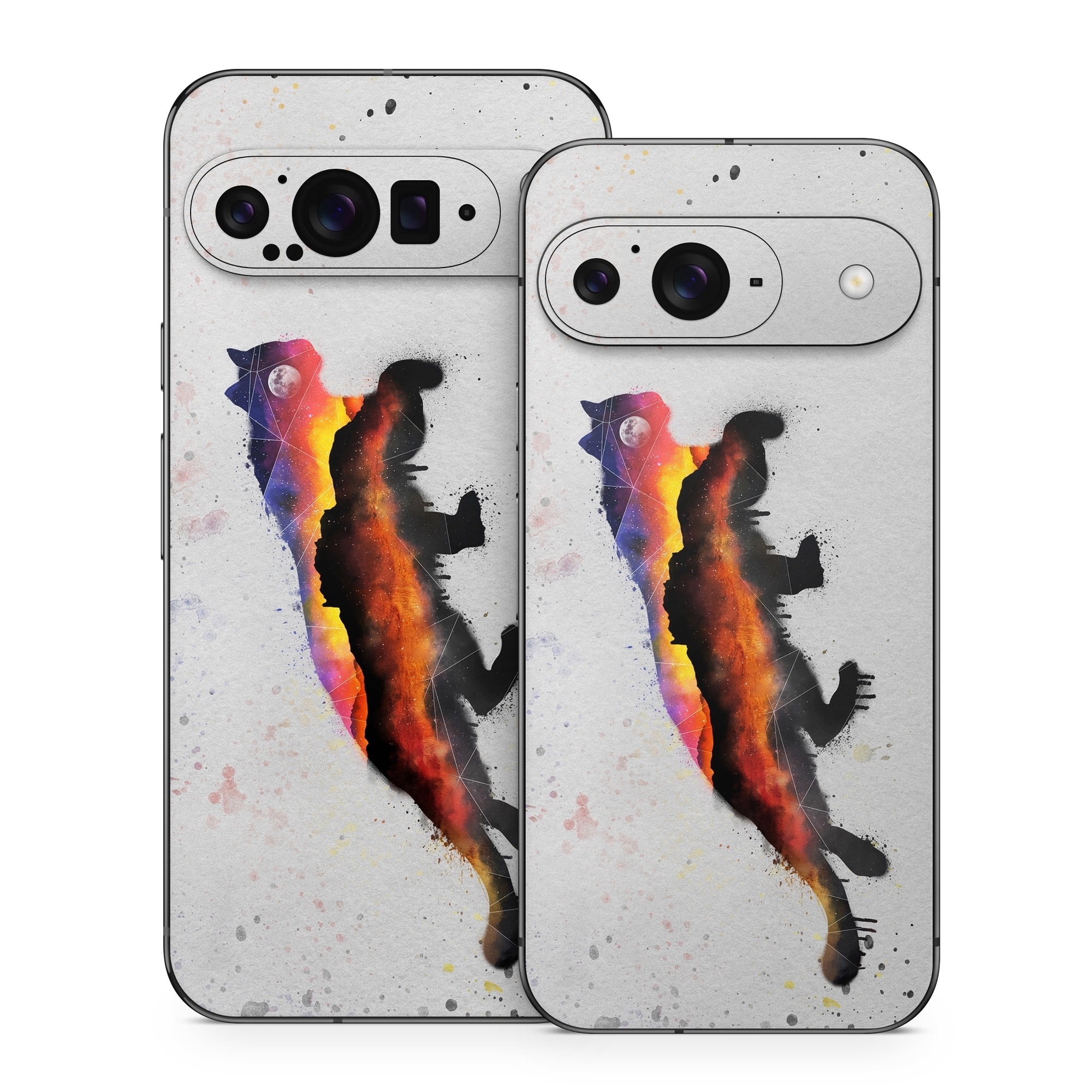 Google Pixel 9 Series Skin design of Illustration, Watercolor paint, Art, Tail, Painting, Drawing, Acrylic paint, Geological phenomenon, Red fox, Paint, with gray, black, red, yellow, orange, white colors