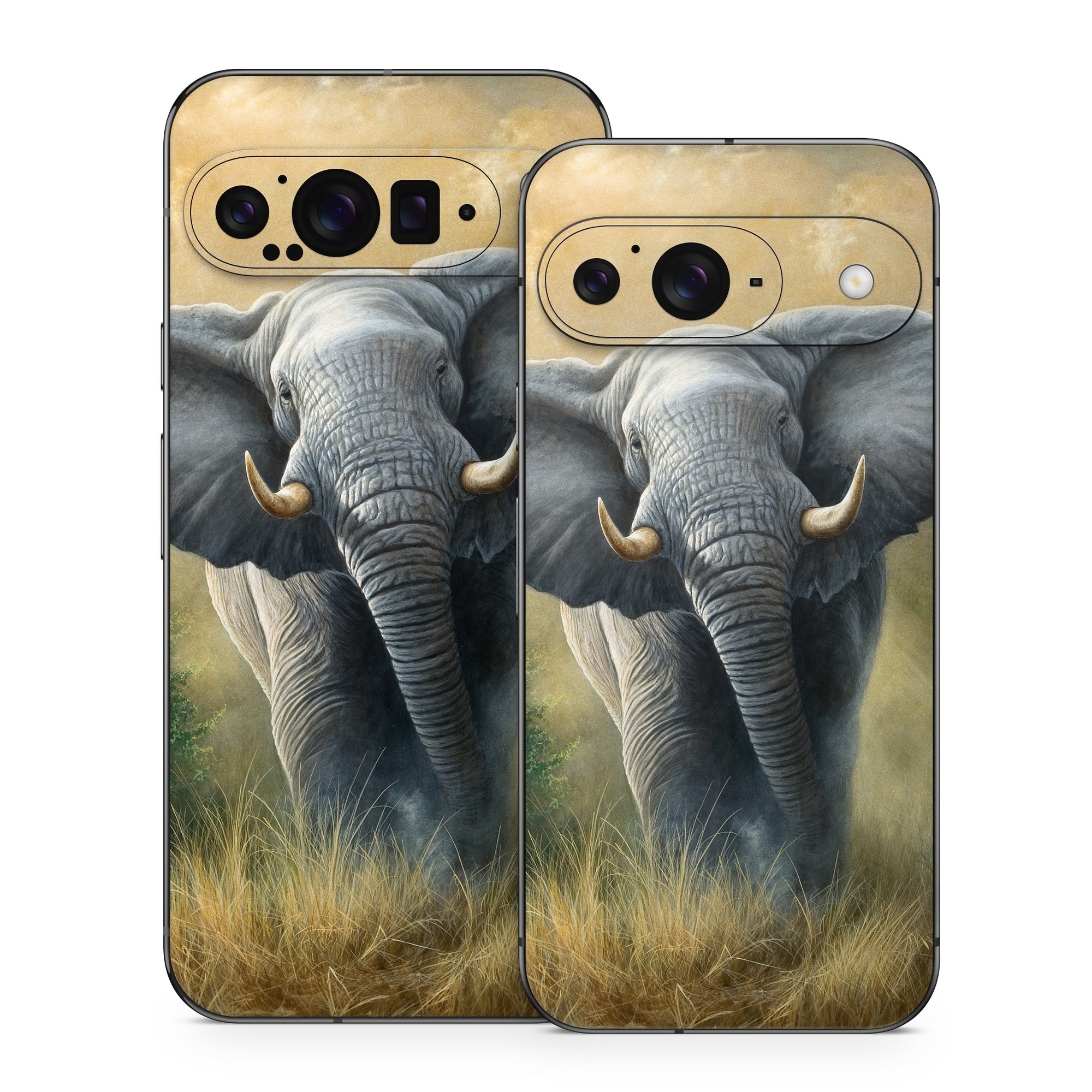 Google Pixel 9 Series Skin design of Terrestrial animal, Elephants and Mammoths, Vertebrate, Wildlife, Mammal, African elephant, Indian elephant, Grassland, Working animal, Tusk, with gray, white, green, brown, yellow, orange colors